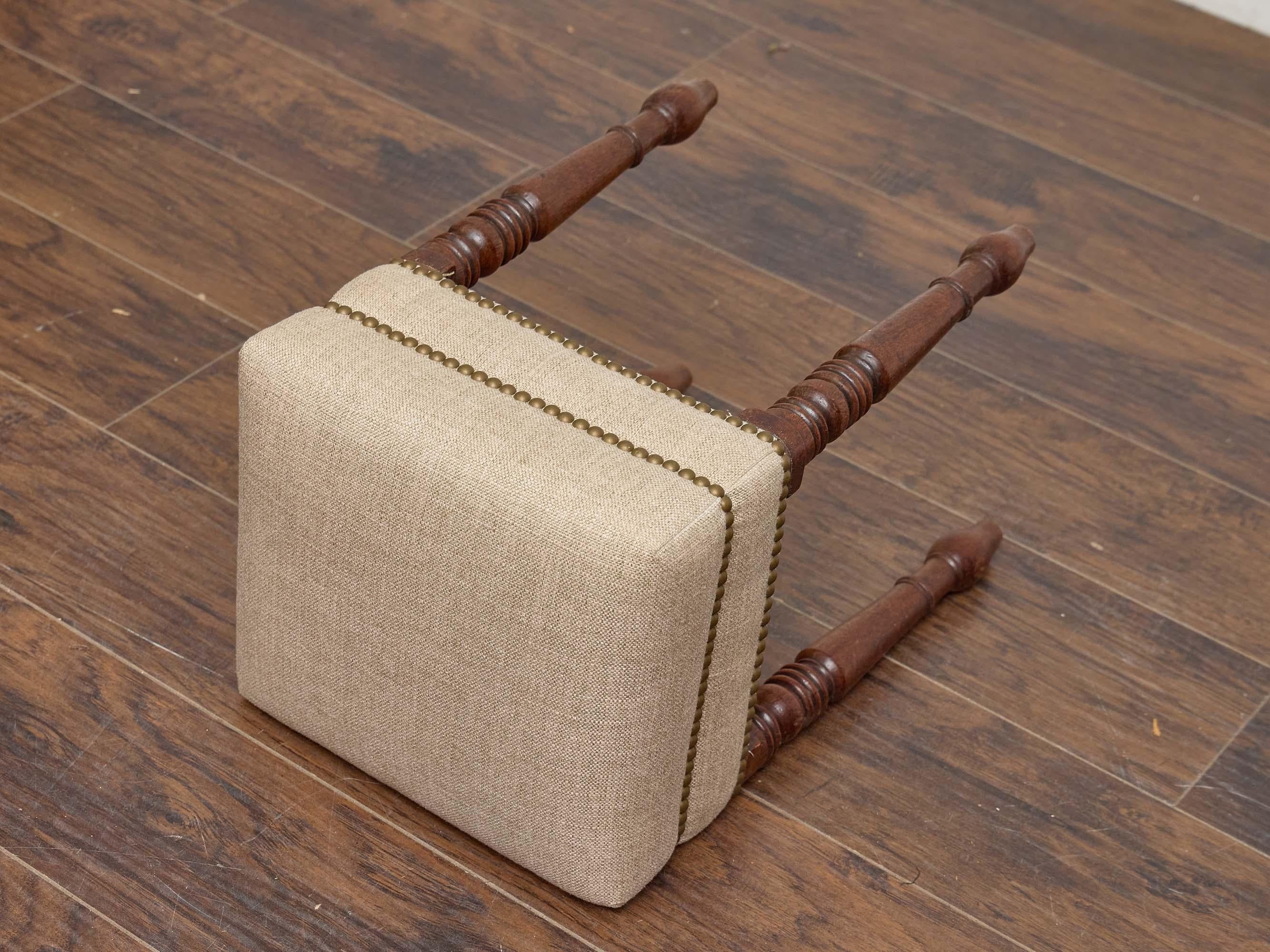 English Turned-Leg Upholstered Stool with Brass Nailhead Trim, 19th Century For Sale 6