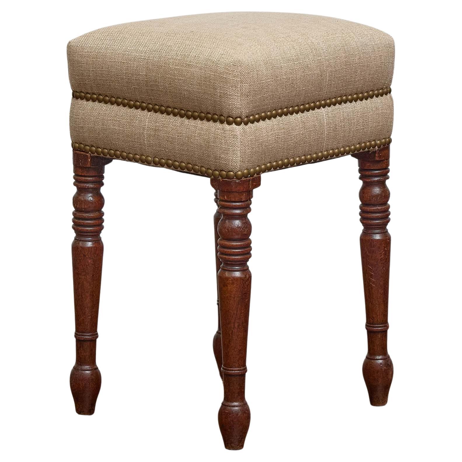 English Turned-Leg Upholstered Stool with Brass Nailhead Trim, 19th Century For Sale