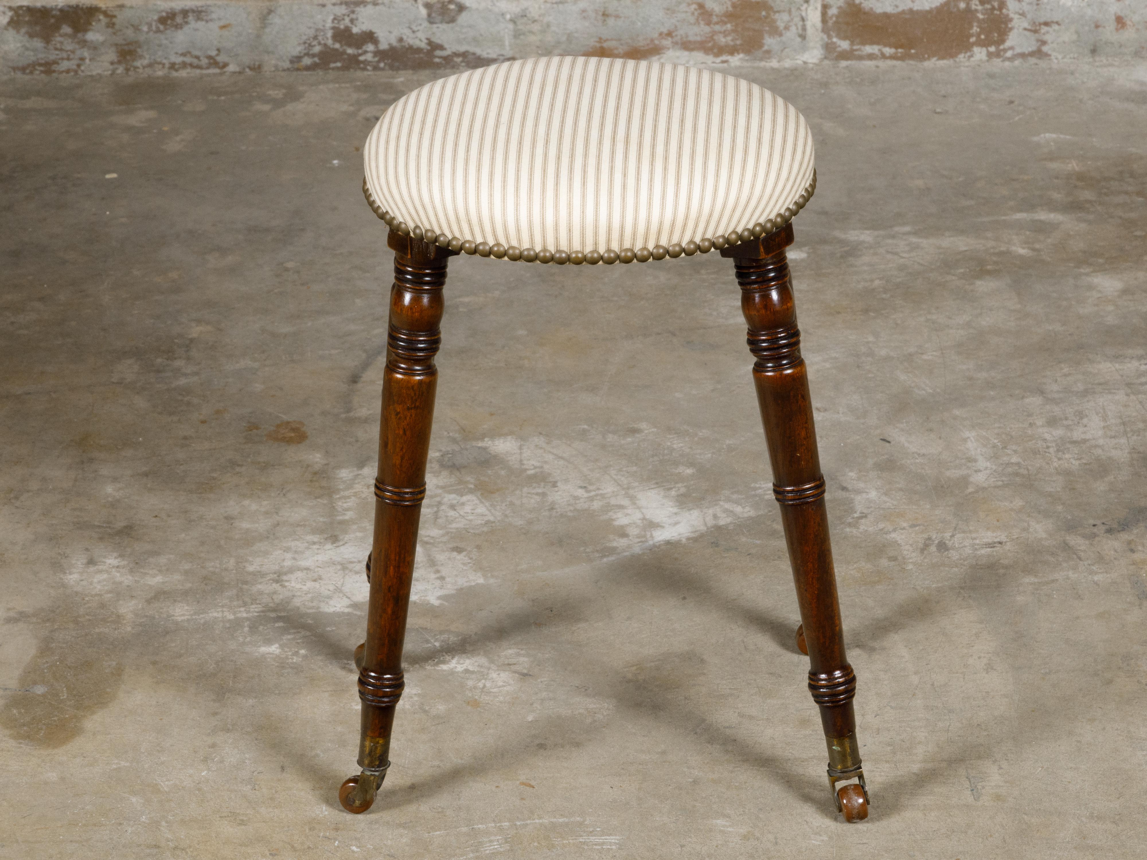 English Turned Oak 19th Century Stool on Casters with Oval Upholstered Seat For Sale 5