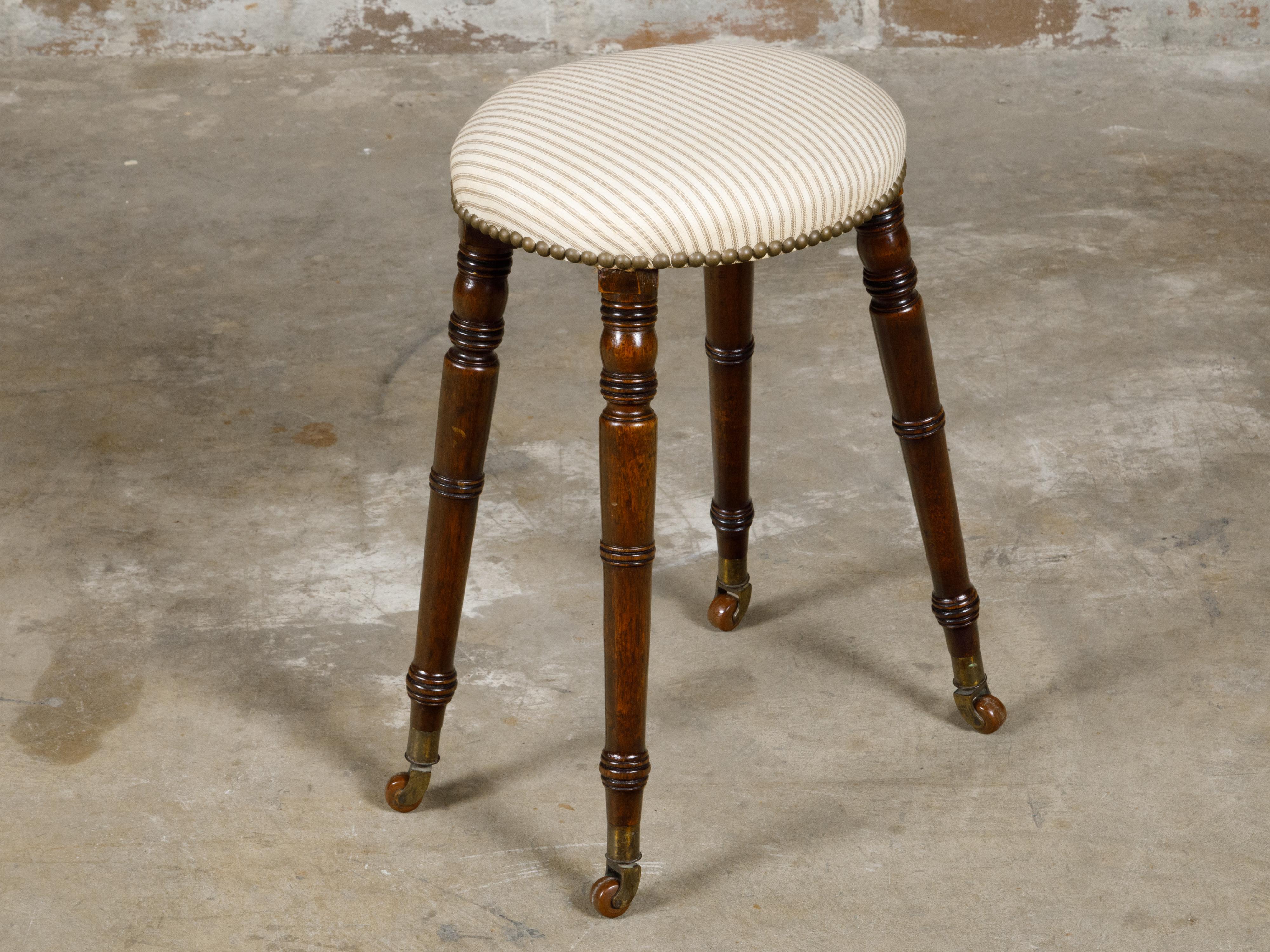 English Turned Oak 19th Century Stool on Casters with Oval Upholstered Seat For Sale 6