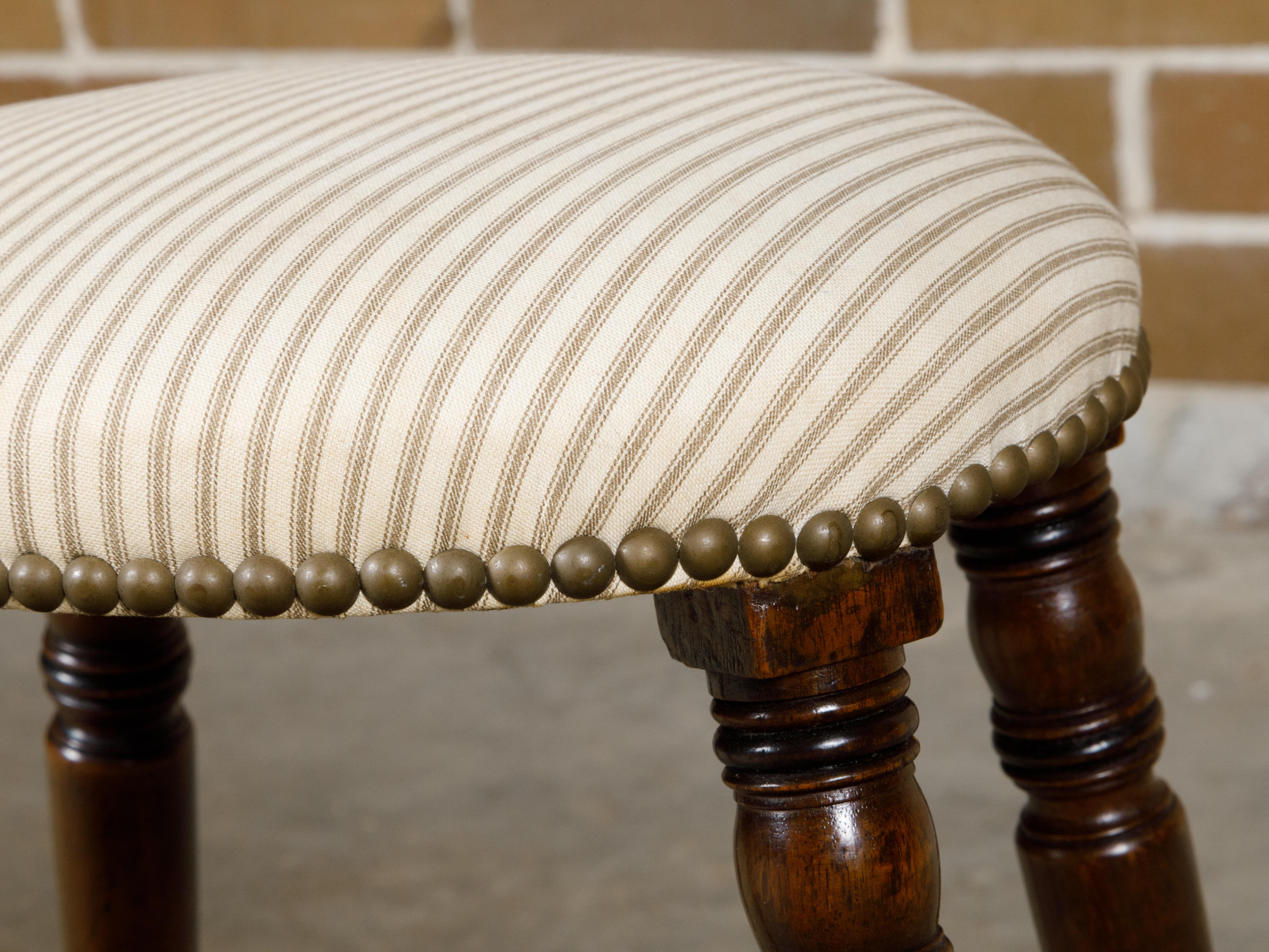English Turned Oak 19th Century Stool on Casters with Oval Upholstered Seat For Sale 2