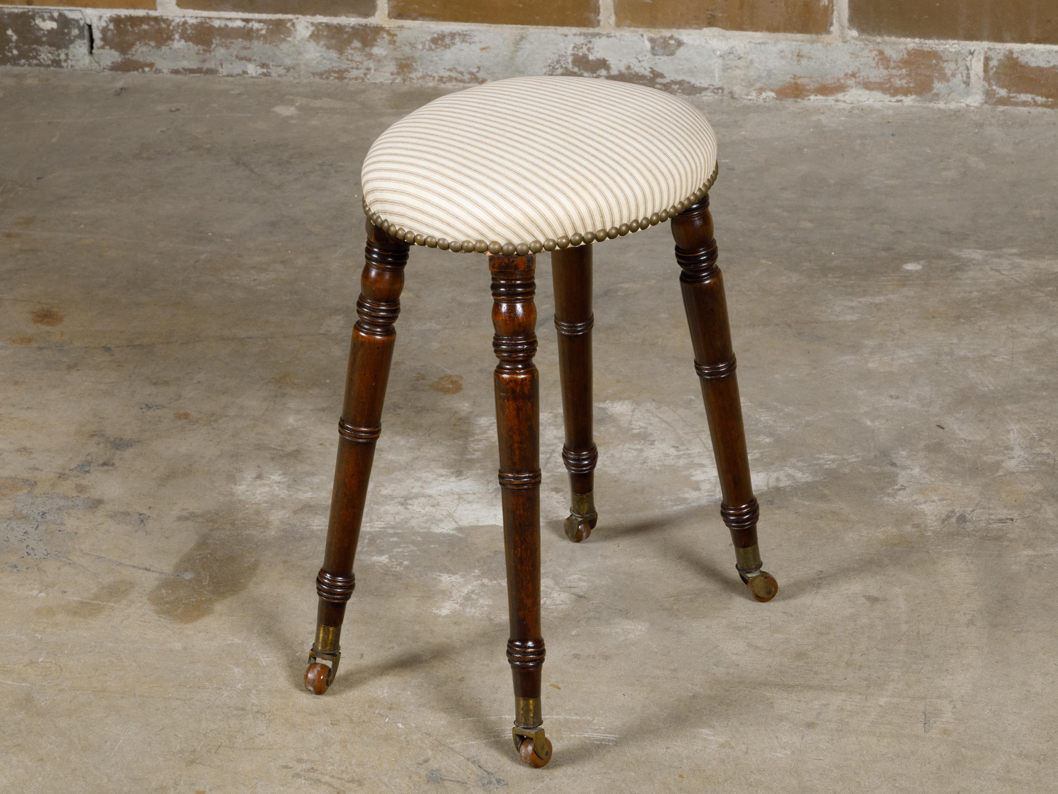 English Turned Oak 19th Century Stool on Casters with Oval Upholstered Seat For Sale 3