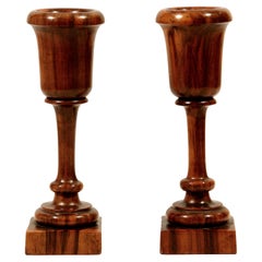 English Turned Pair of Lignum Vitae Urn Wood Spill Stem Vases