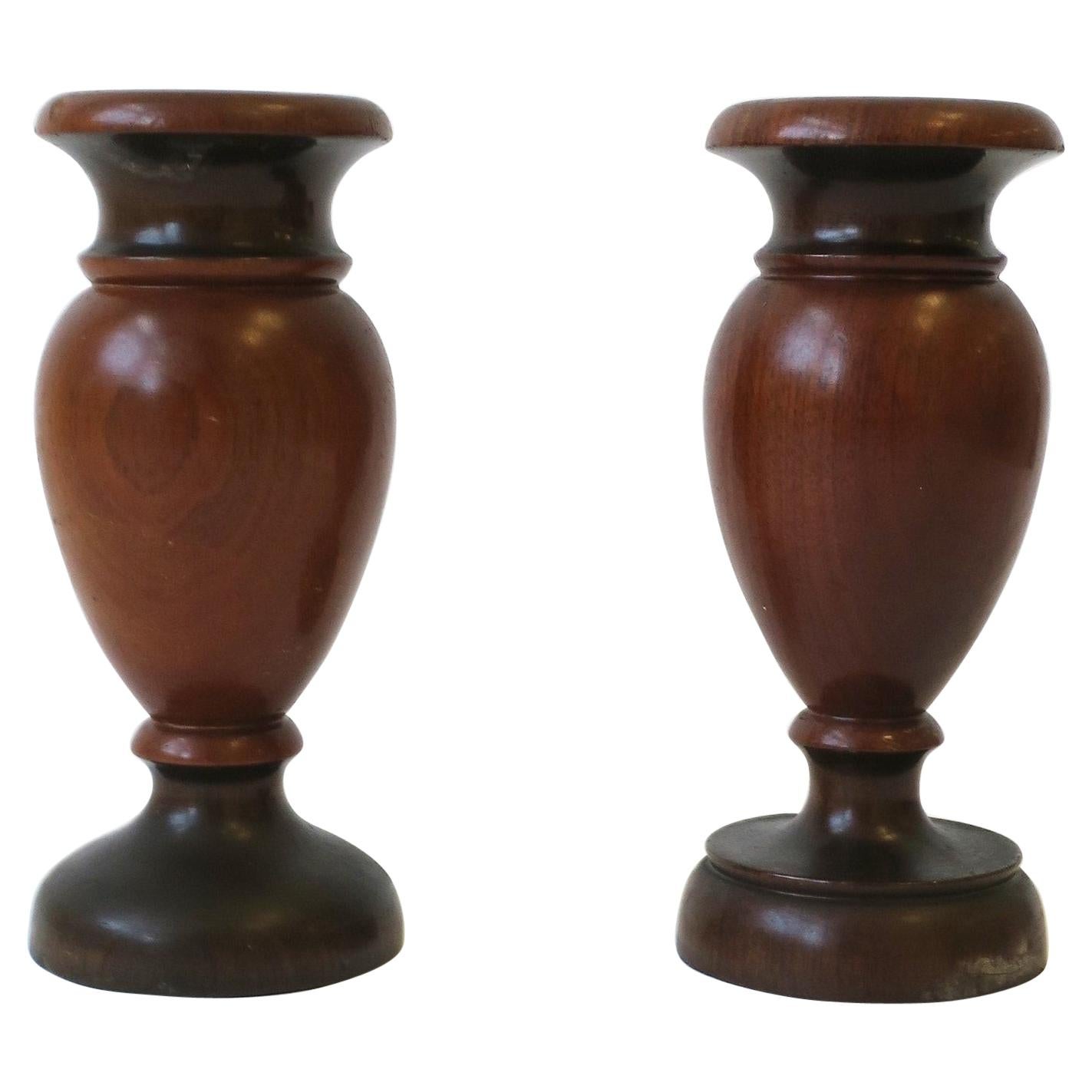 English Turned Walnut Urn Wood Spill Vases, Pair, circa 19th Century