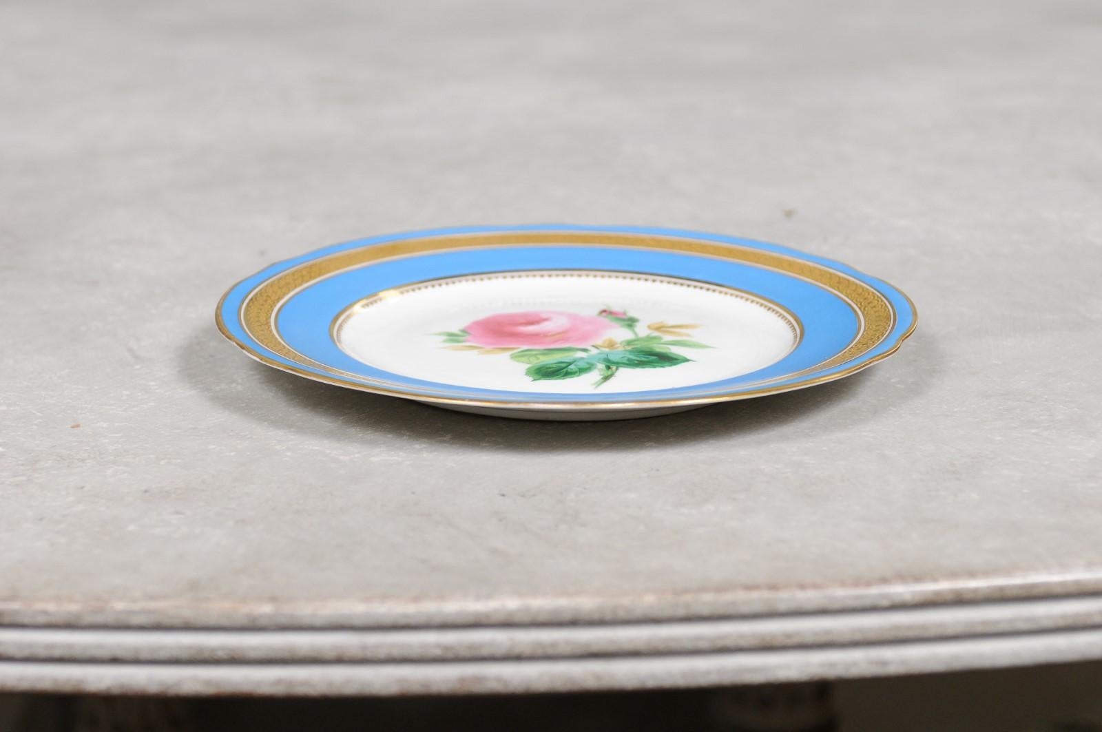 English Turquoise and Gilt 19th Century Pink Rose Painted Faience Dessert Plate 7