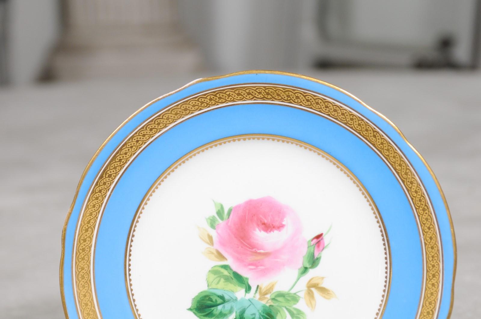 English Turquoise and Gilt 19th Century Pink Rose Painted Faience Dessert Plate 1