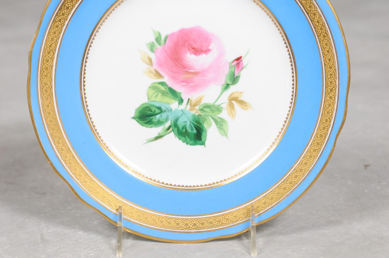 English Turquoise and Gilt 19th Century Pink Rose Painted Faience Dessert Plate 2