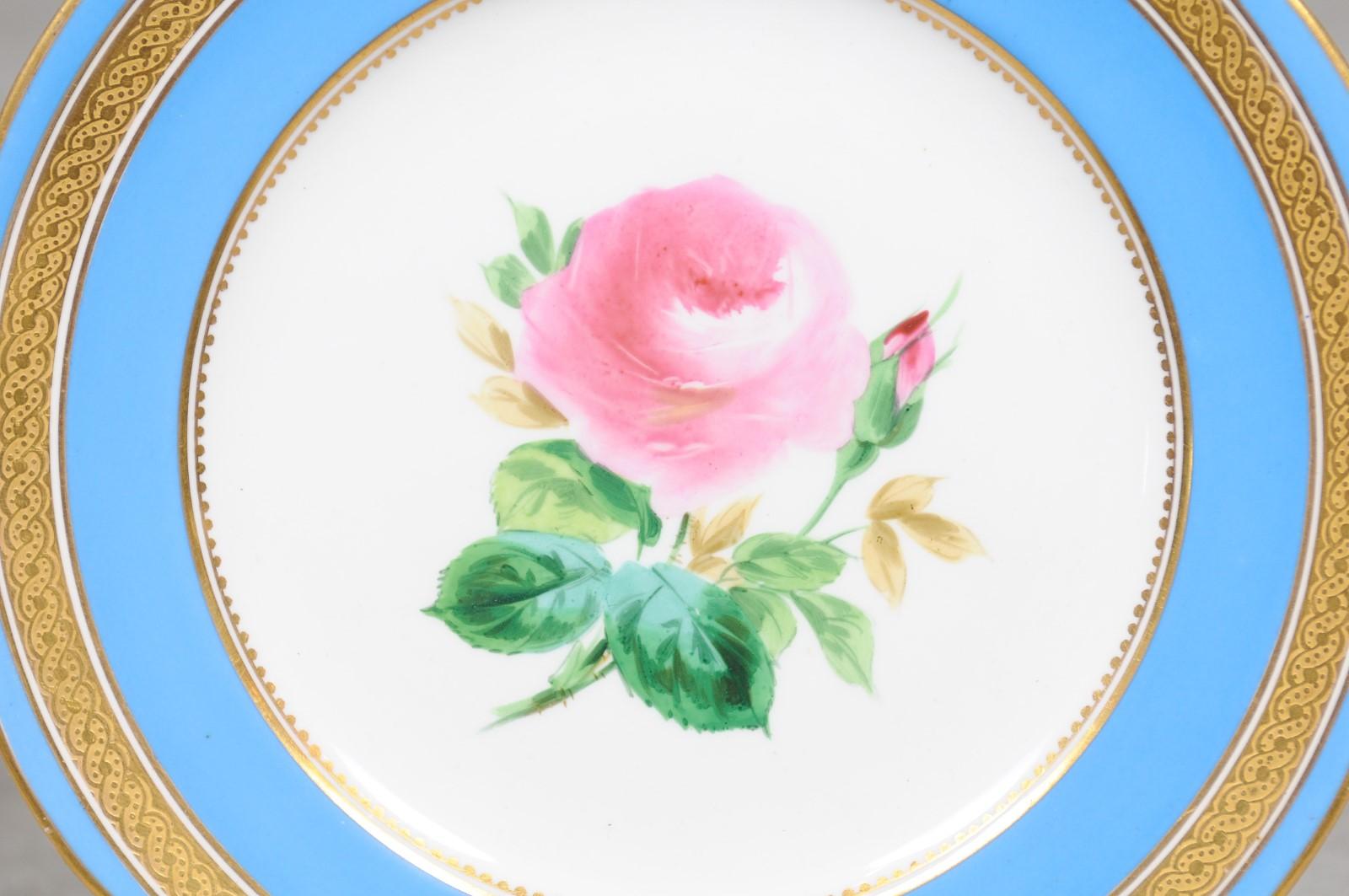 English Turquoise and Gilt 19th Century Pink Rose Painted Faience Dessert Plate 3