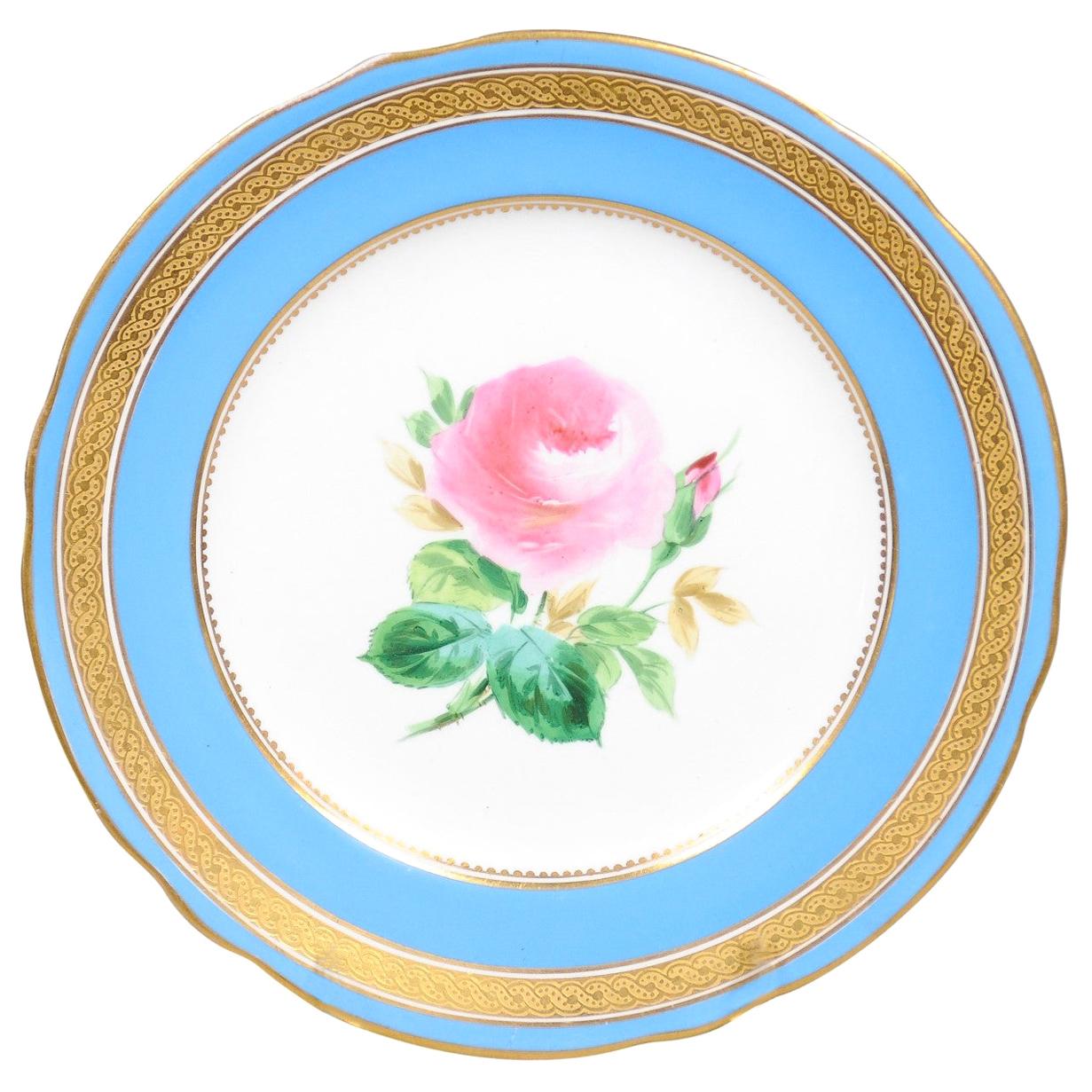 English Turquoise and Gilt 19th Century Pink Rose Painted Faience Dessert Plate