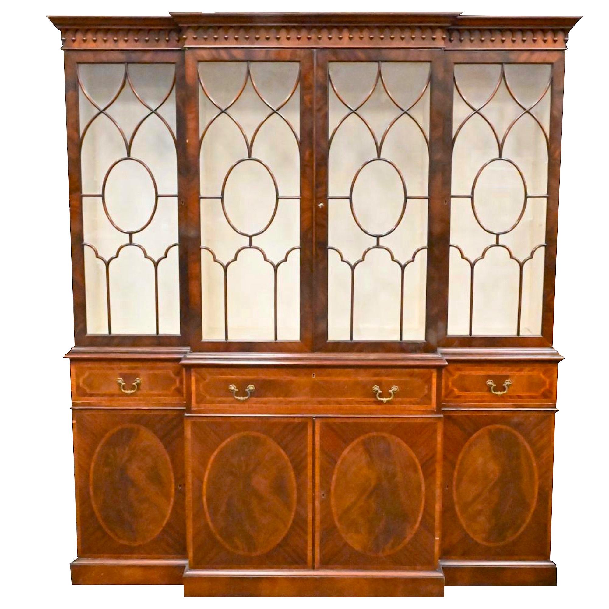 English Two Part Burl Mahogany China Cabinet / Bookcase For Sale 4