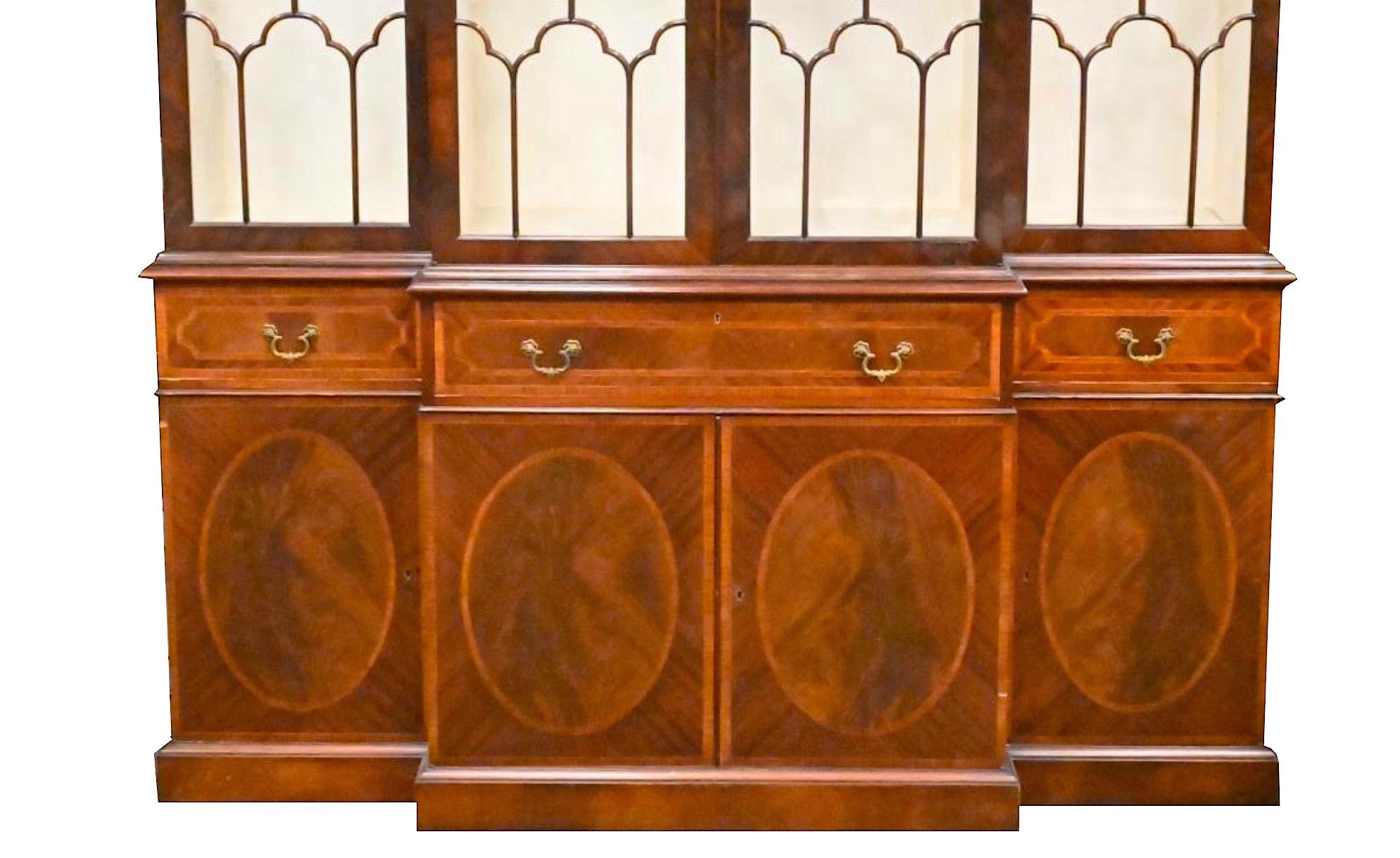 Chippendale English Two Part Burl Mahogany China Cabinet / Bookcase For Sale