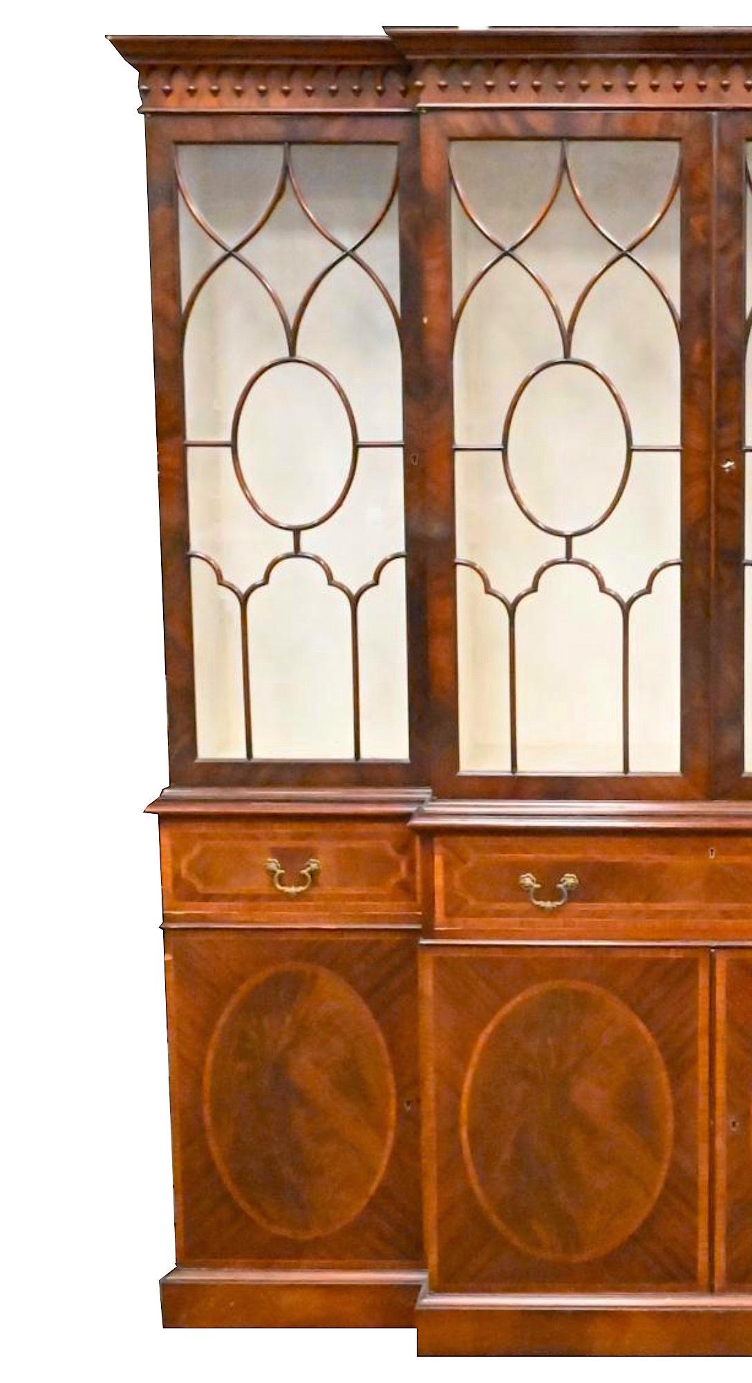 Brass English Two Part Burl Mahogany China Cabinet / Bookcase For Sale