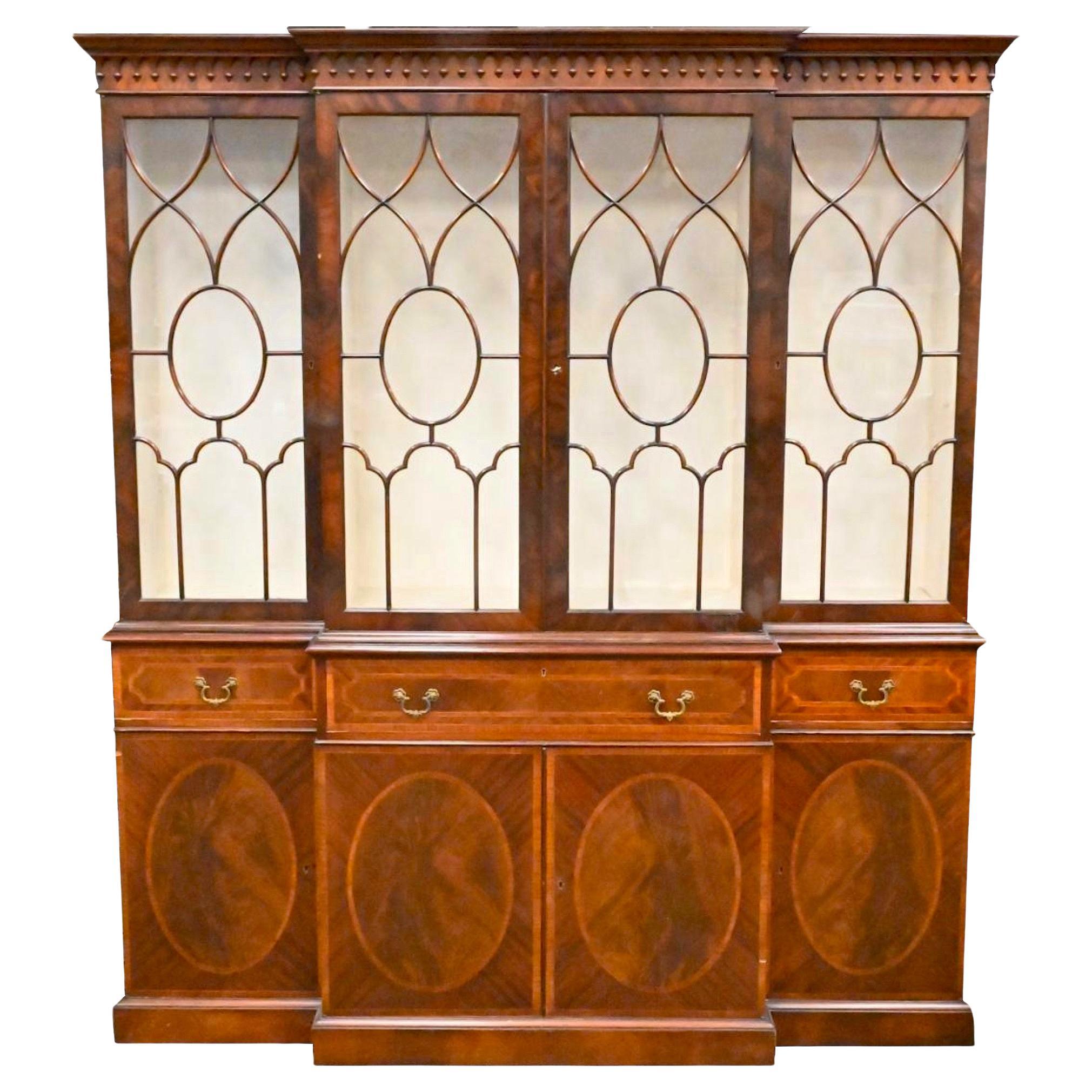 English Two Part Burl Mahogany China Cabinet / Bookcase For Sale