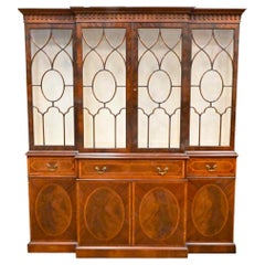 English Two Part Burl Mahogany China Cabinet / Bookcase