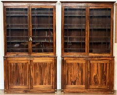 English Two-Tiered Glass Front Bookcases of Figured Wood - Two Available