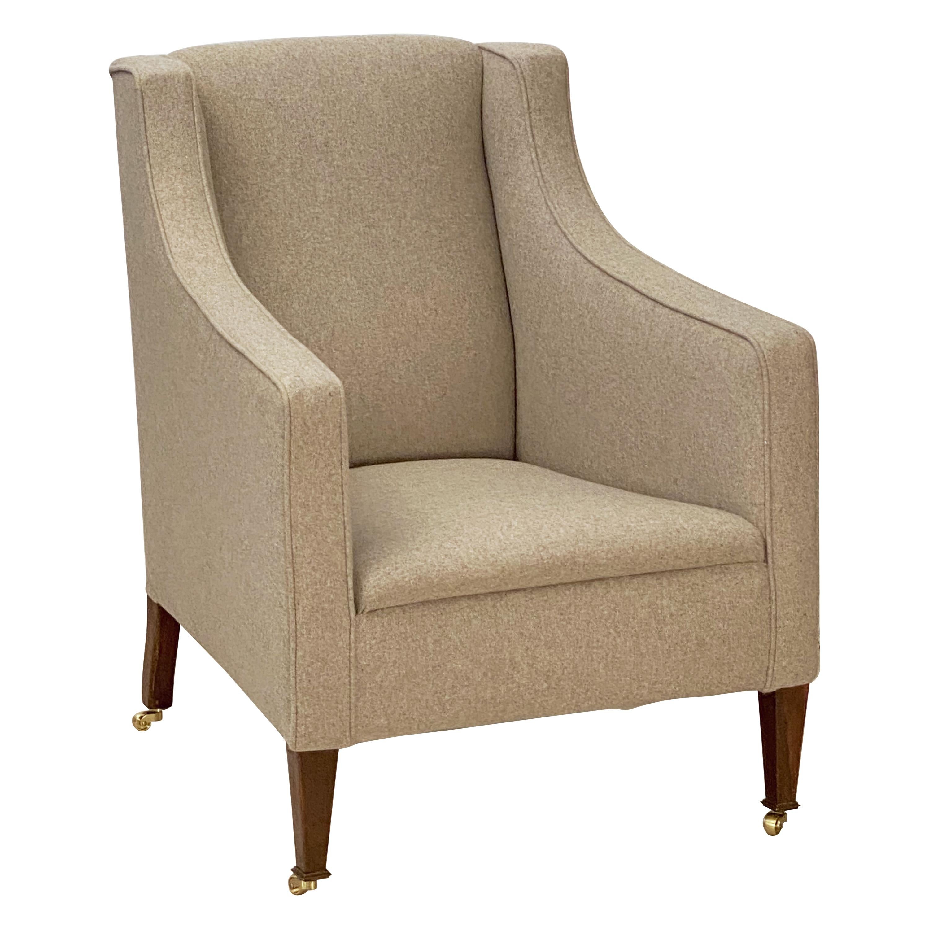 Single Upholstered Armchair with Tapered Wood Legs and Brass Feet For