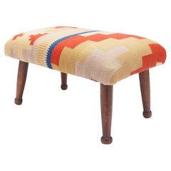 English upholstered footstool on turned oak legs, c. 1850-1900