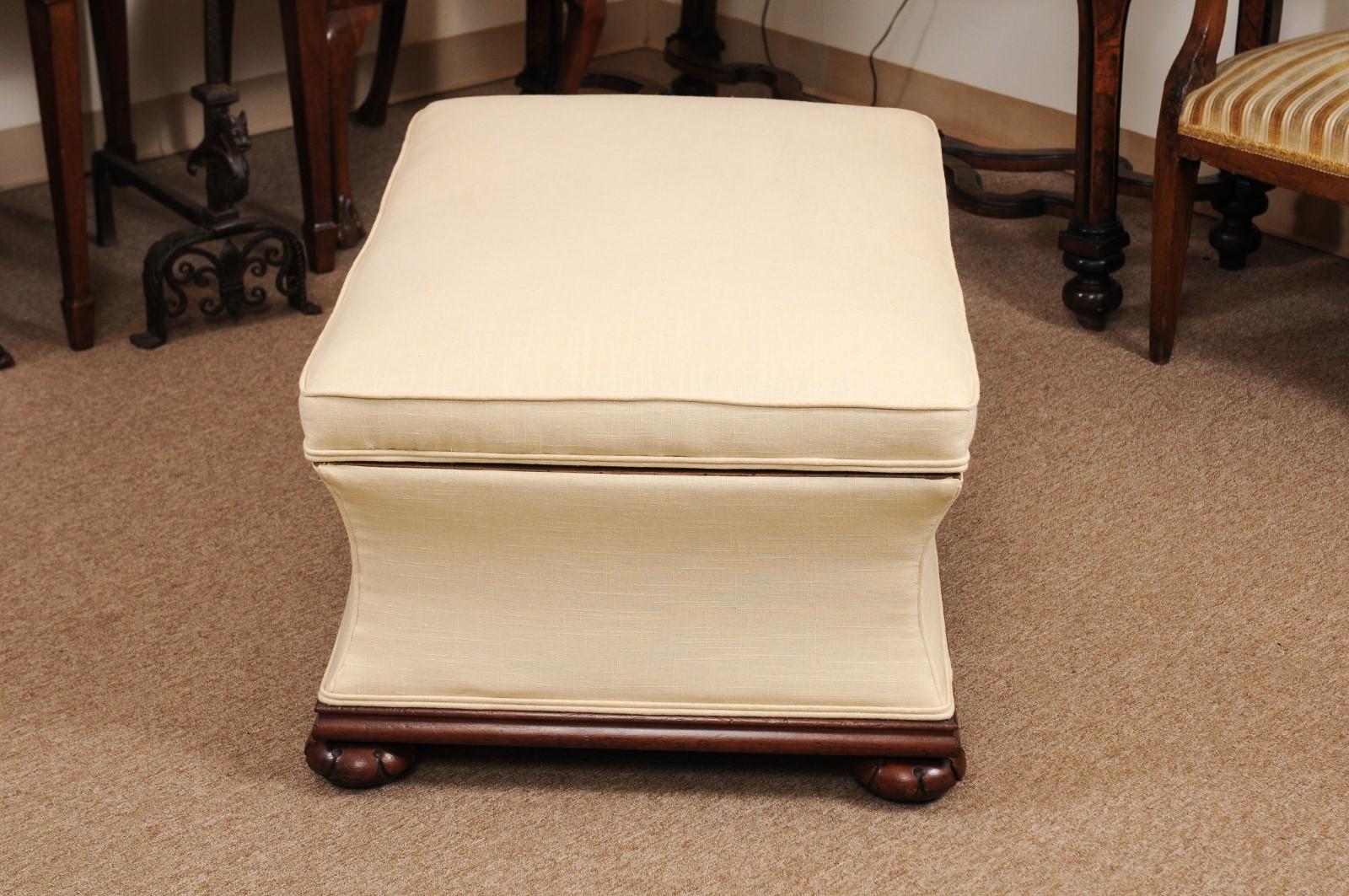  English Upholstered Linen and Mahogany Lift Top Ottoman, Late 19th Century 6