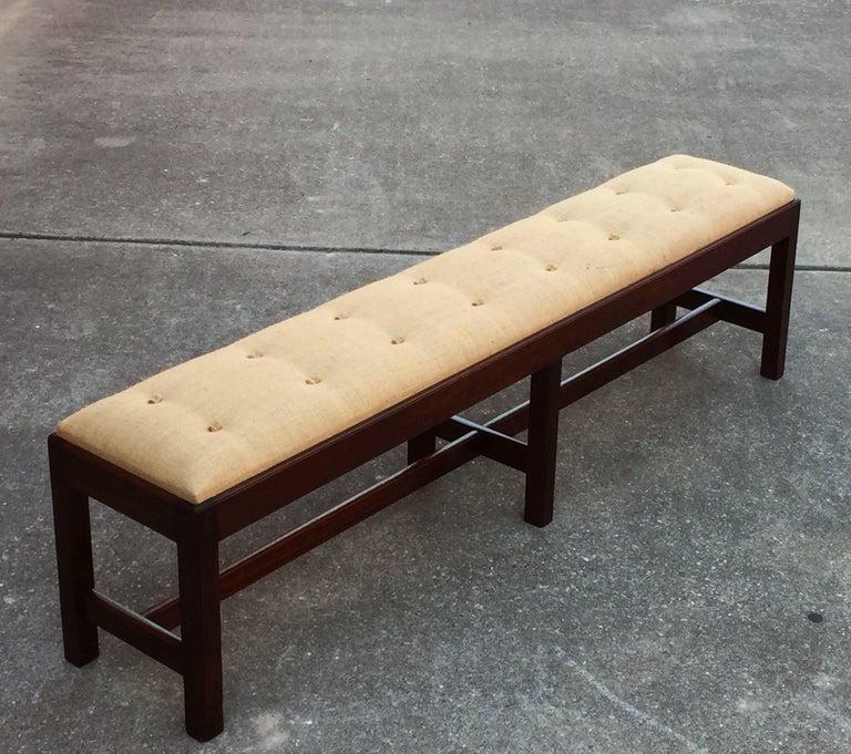 English Upholstered Long Bench or Seat of Mahogany with Tufted Cushion