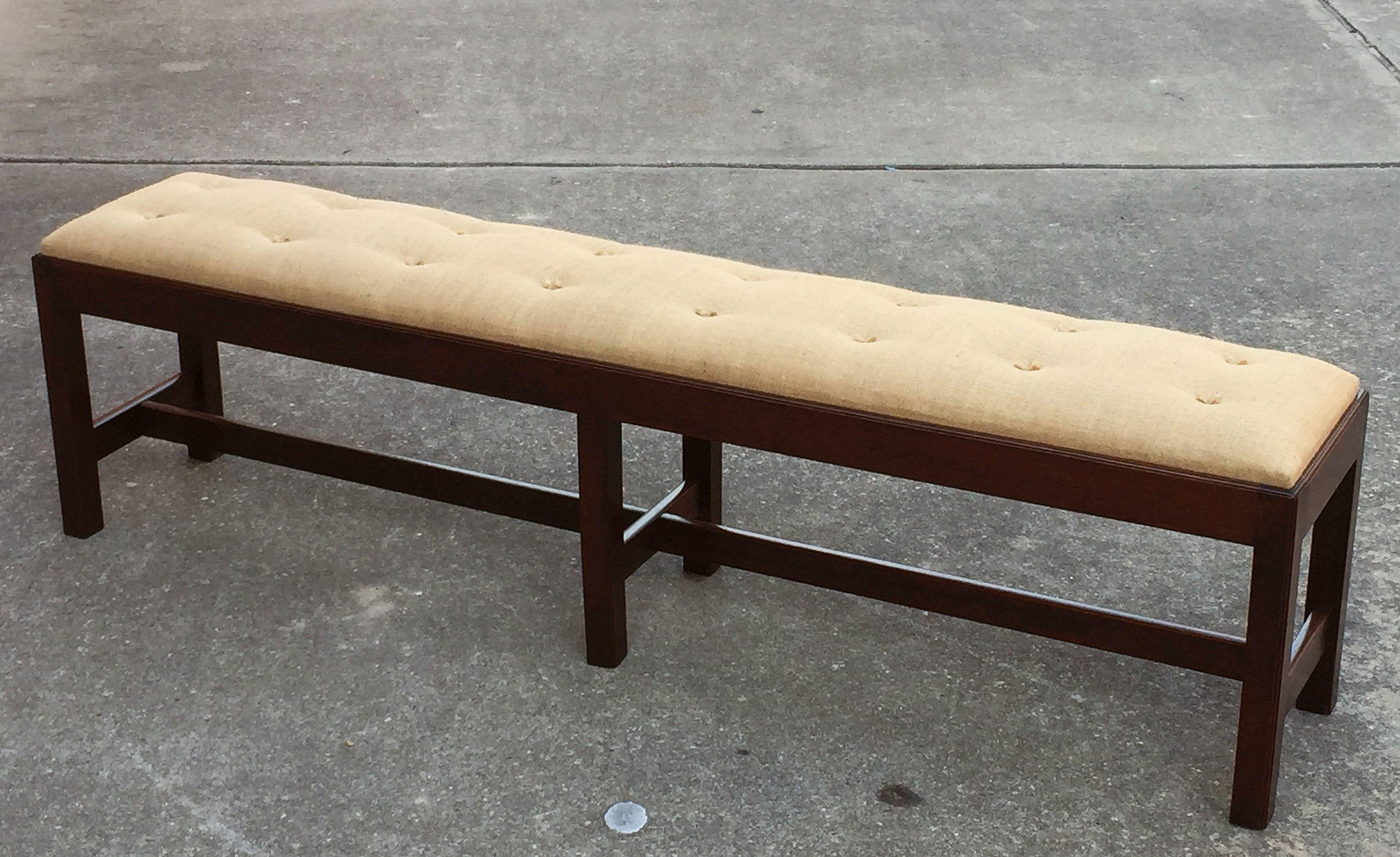 English Upholstered Long Bench or Seat of Mahogany with Tufted Cushion Top In Excellent Condition In Austin, TX