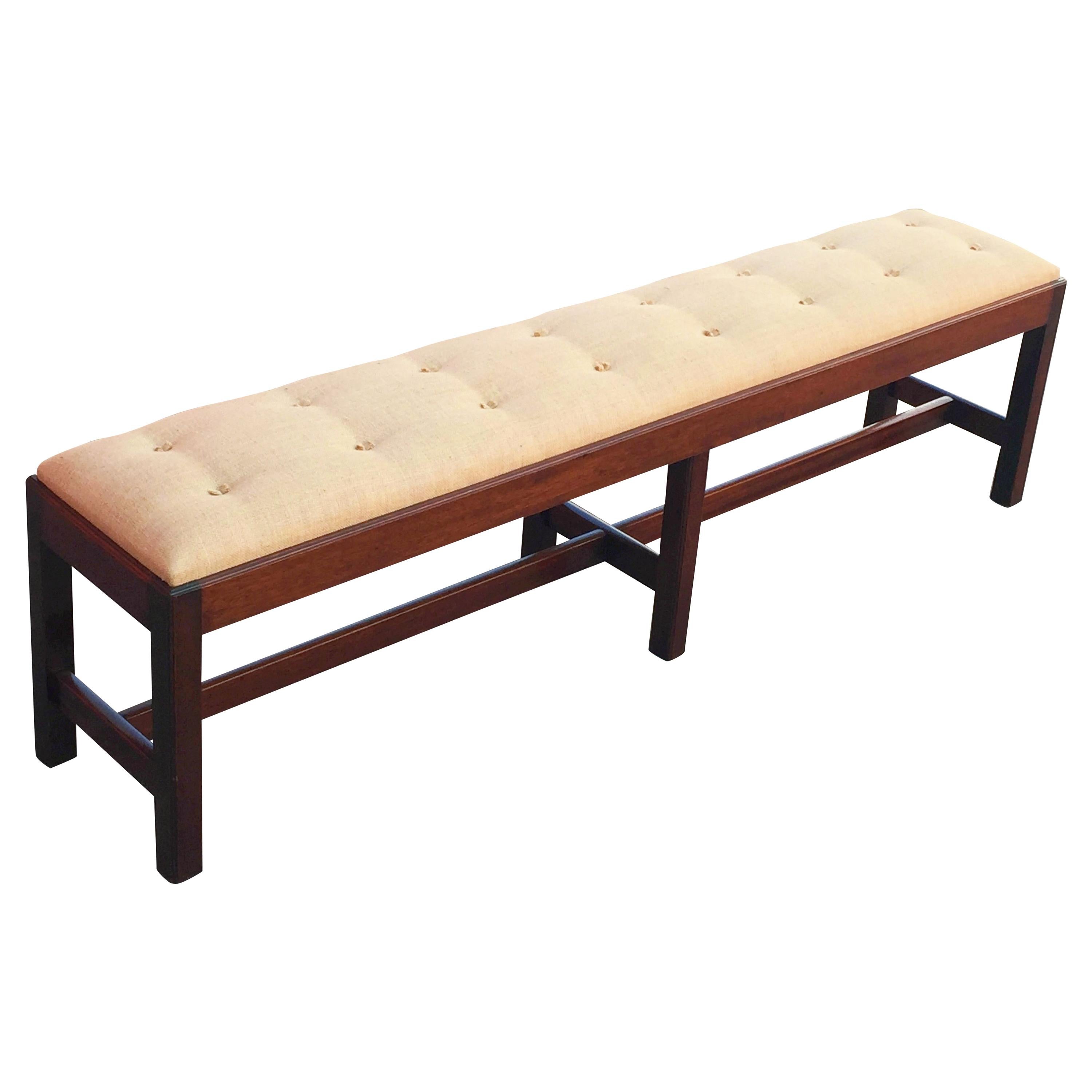 English Upholstered Long Bench or Seat of Mahogany with Tufted Cushion Top