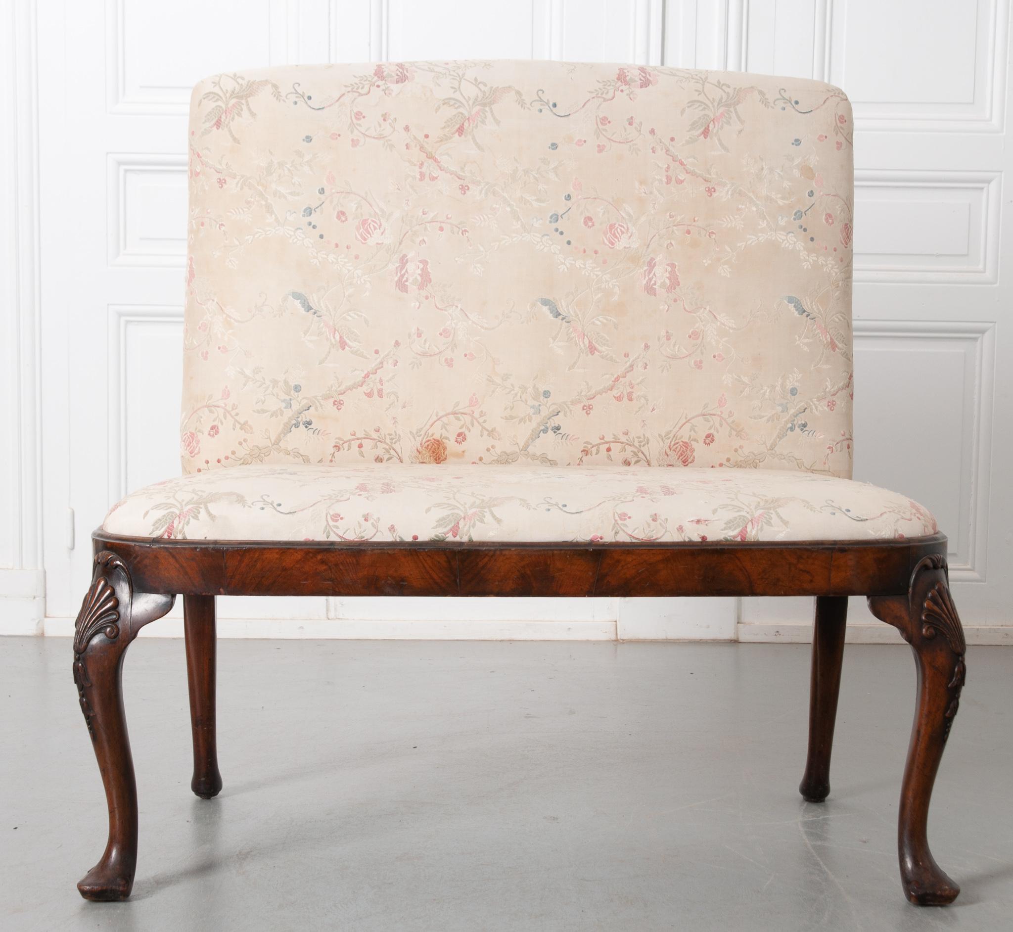 Carved English Upholstered Mahogany Chippendale Bench