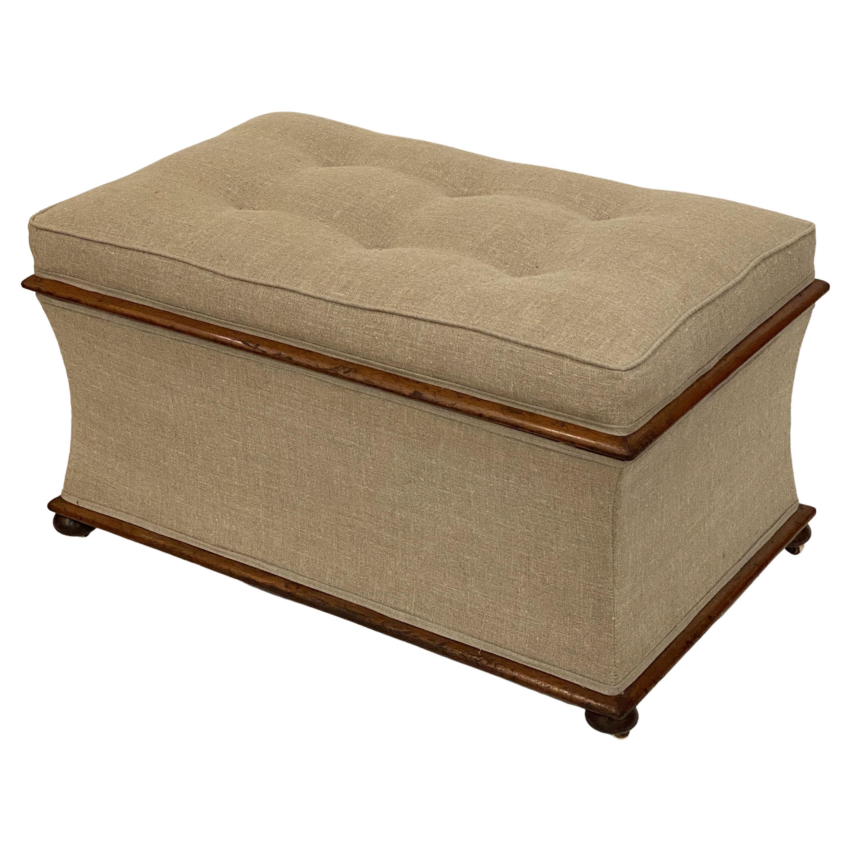 English Upholstered Trunk or Pouffe Ottoman Seat on Casters For Sale