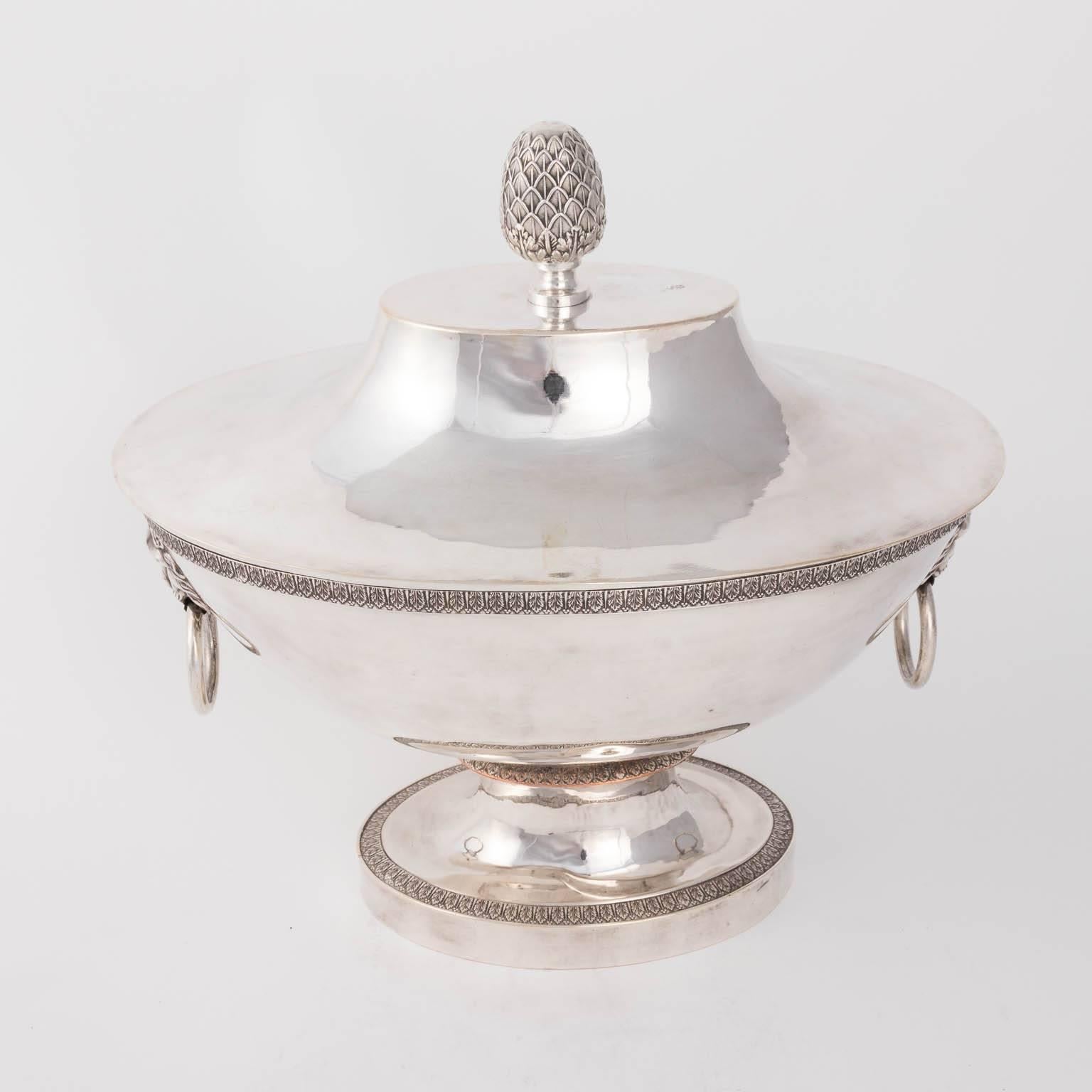 English silver plated tureen with an urn shaped lid and two handles, circa 1900. Makers mark on the bottom listed as