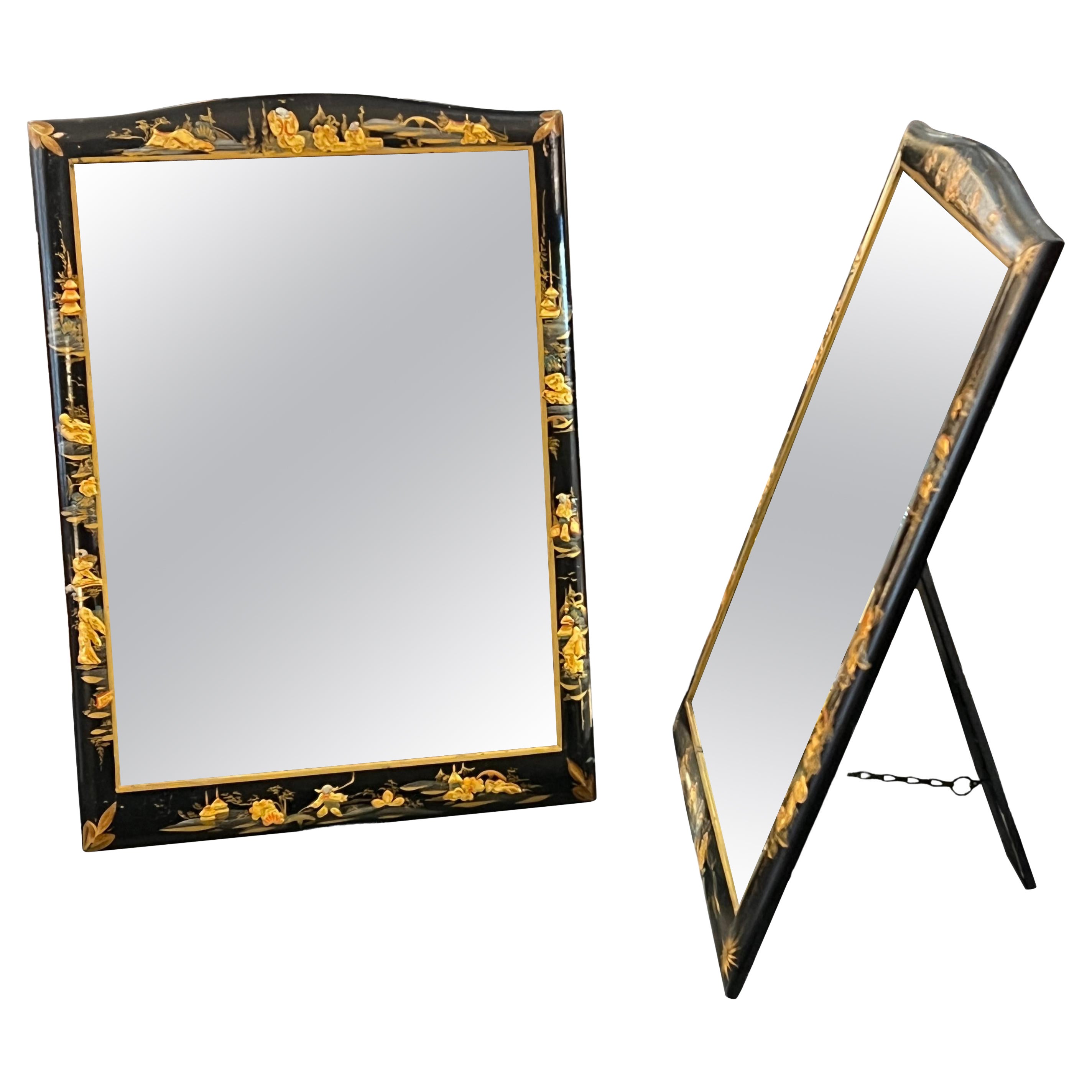 Miroirs de courtoisie anglais avec cadres laqués noirs Chinoiserie - Deux disponibles en vente