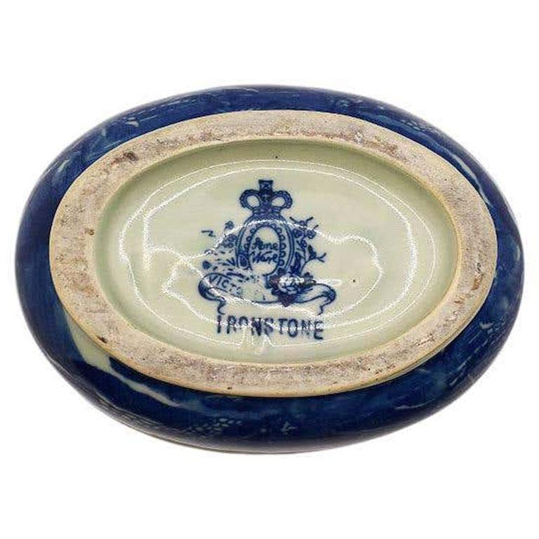 Country English Victoria Ware Ironstone Blancmange Fish Mould in Blue and White For Sale