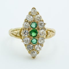 English Victorian 18 Karat Yellow Gold Emerald and Diamond Navette Cluster Ring