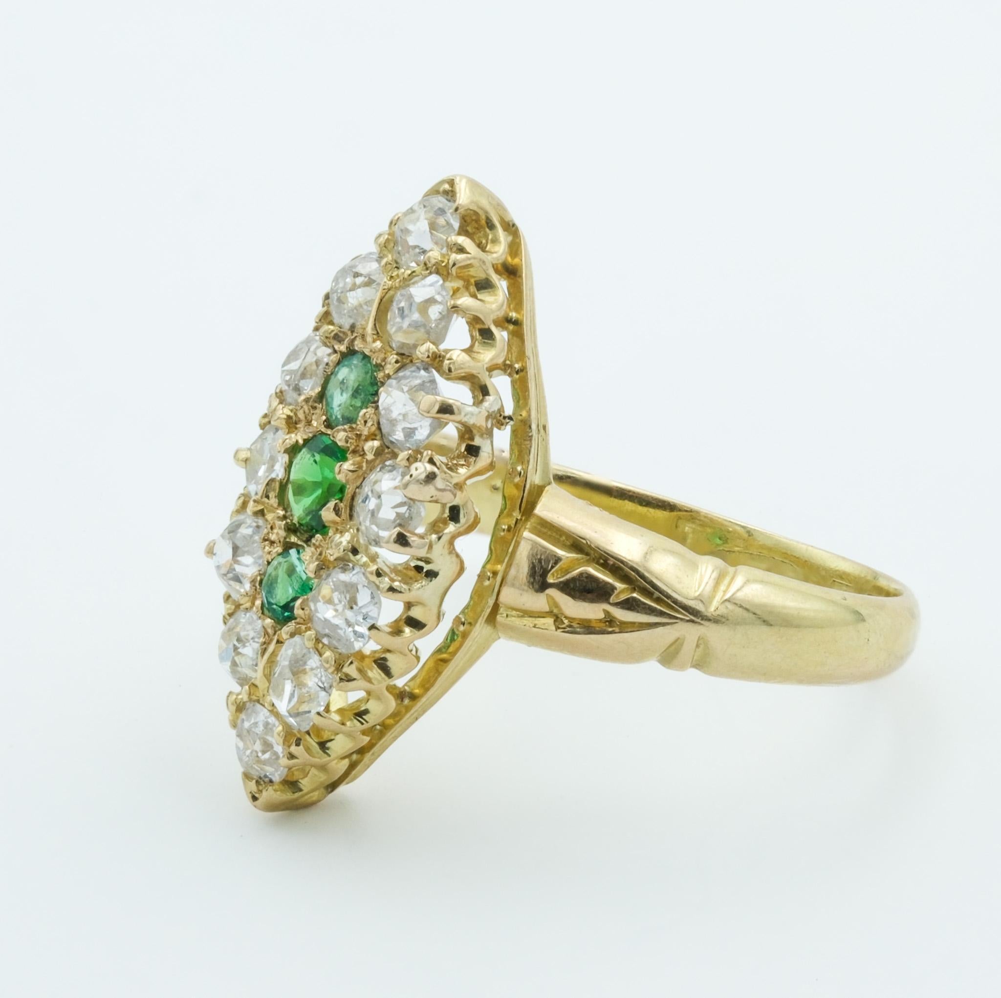 Old Mine Cut English Victorian 18 Karat Yellow Gold Emerald and Diamond Navette Cluster Ring