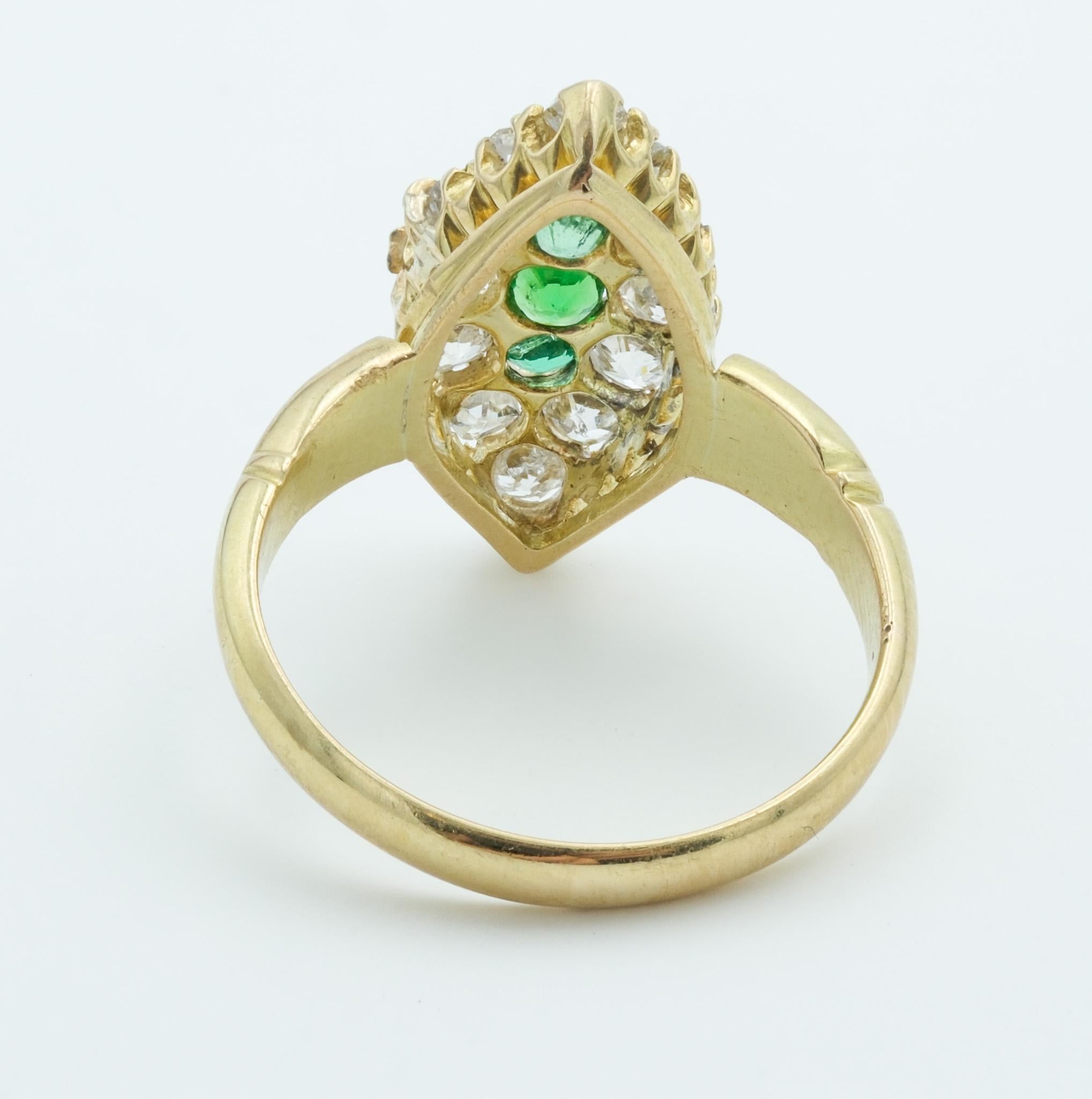 English Victorian 18 Karat Yellow Gold Emerald and Diamond Navette Cluster Ring In Good Condition In Fairfield, CT