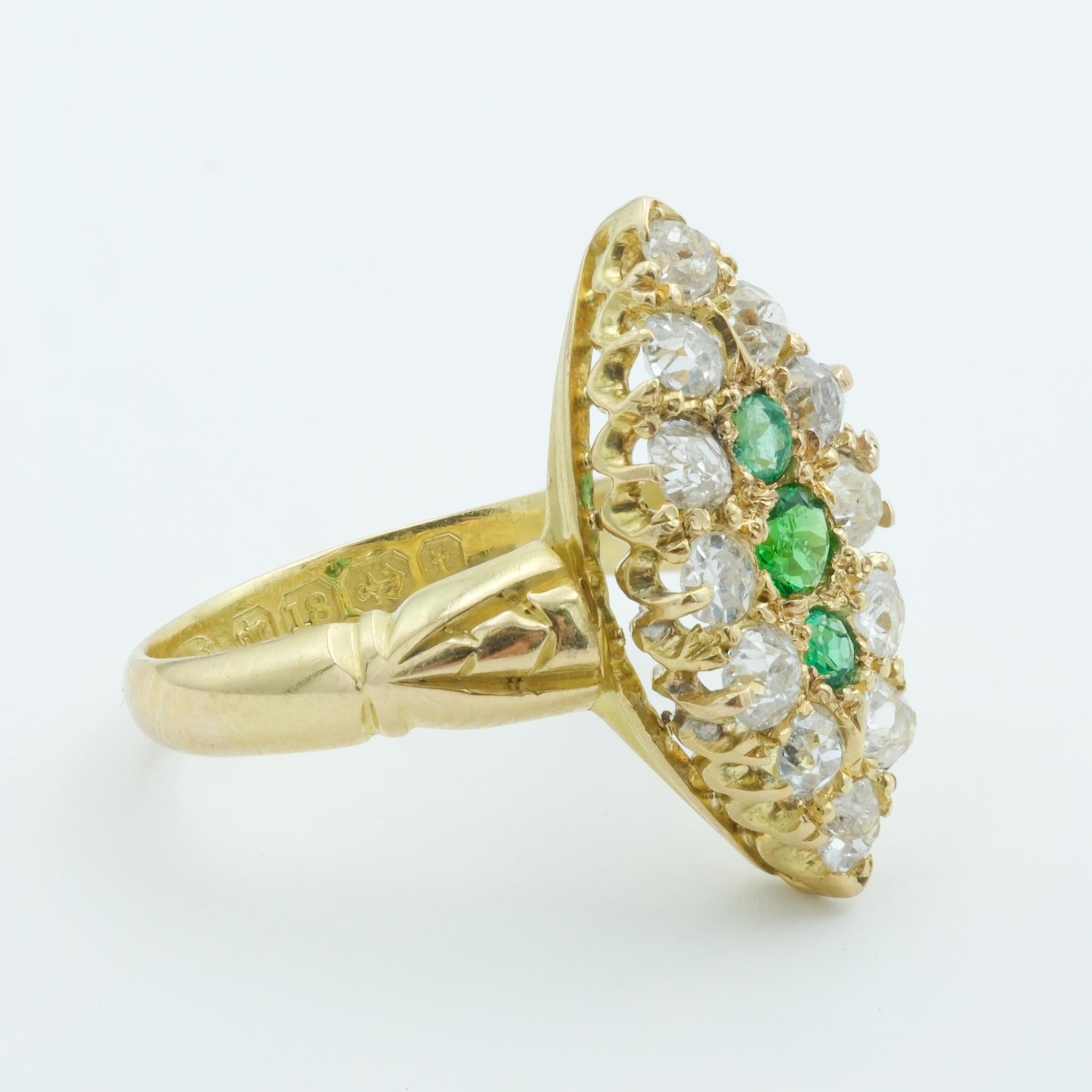 Women's English Victorian 18 Karat Yellow Gold Emerald and Diamond Navette Cluster Ring