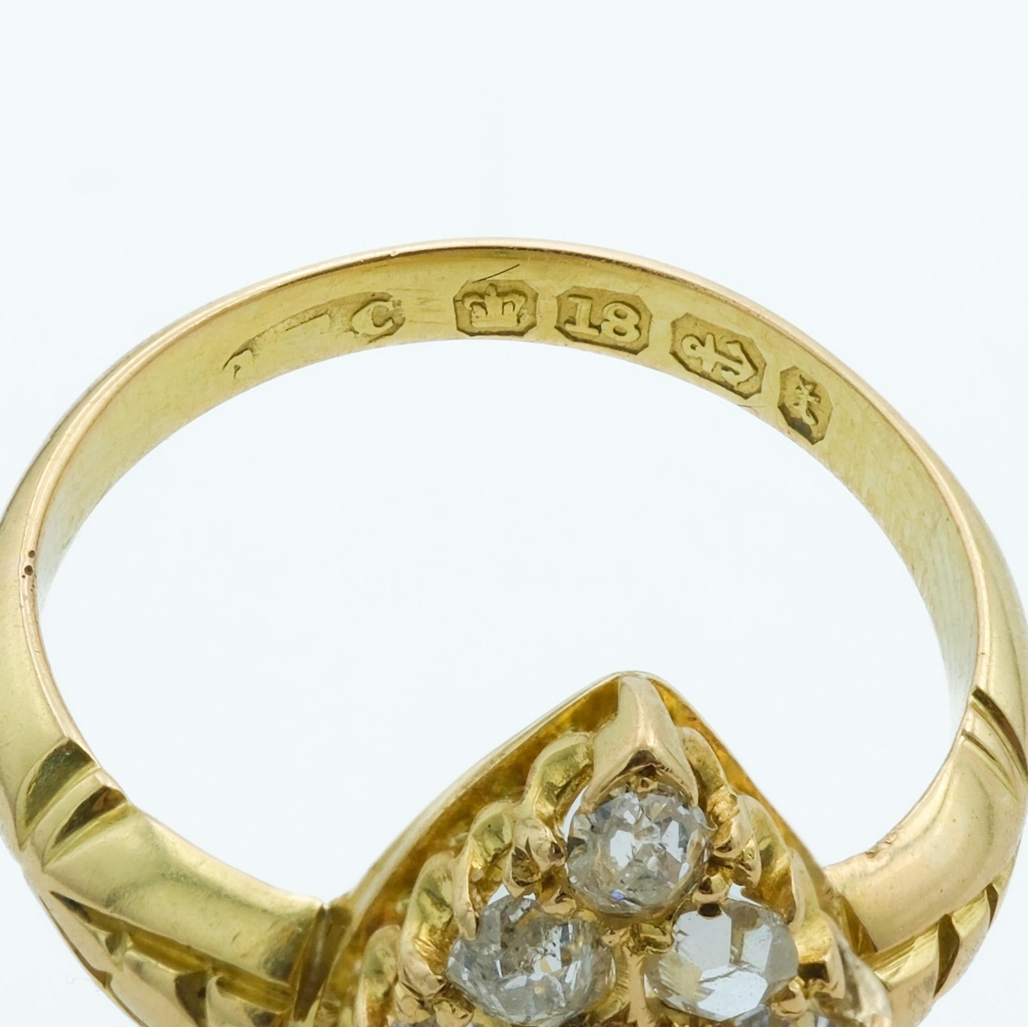 English Victorian 18 Karat Yellow Gold Emerald and Diamond Navette Cluster Ring 1