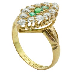 Antique English Victorian 18 Karat Yellow Gold Emerald and Diamond Navette Cluster Ring