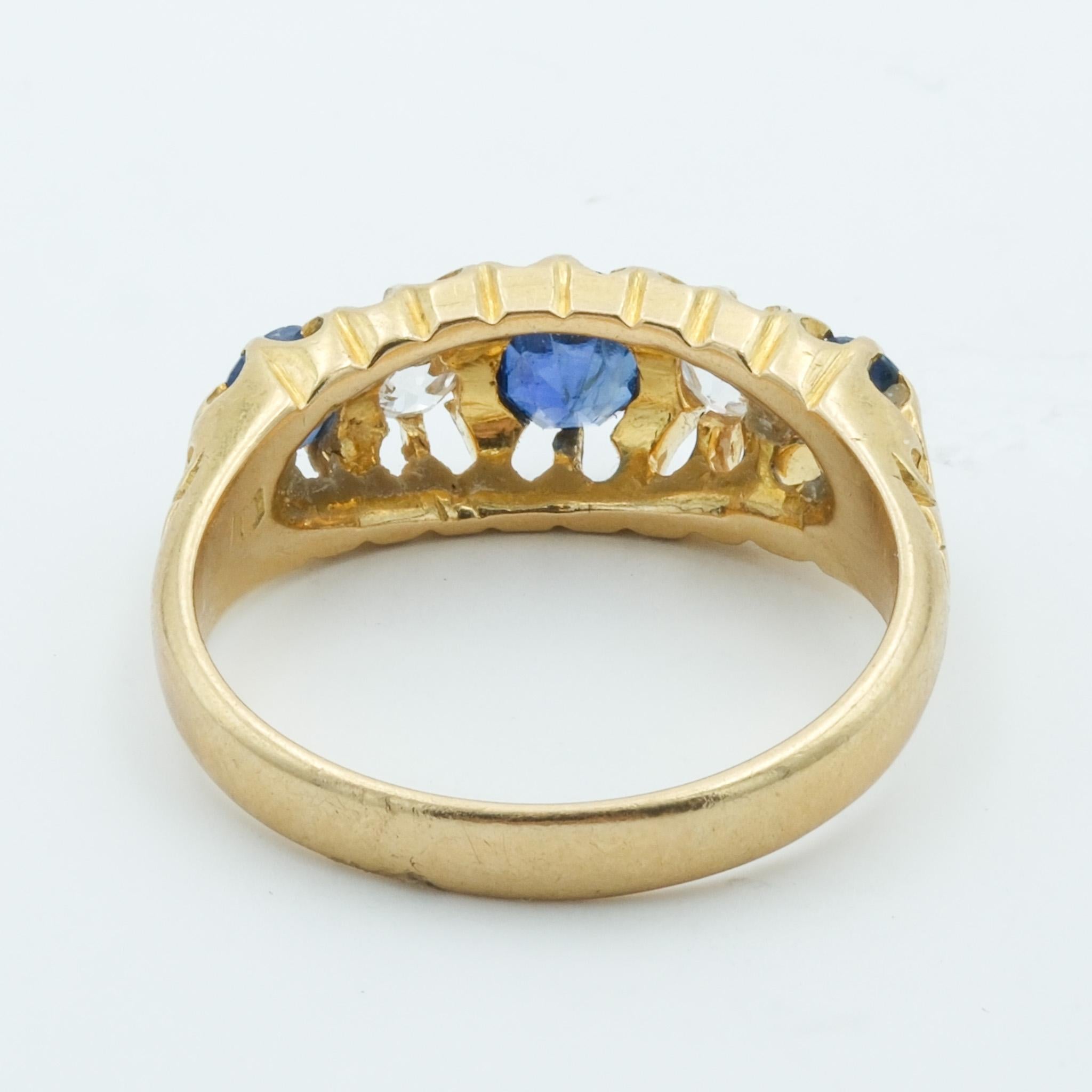 Old Mine Cut English Victorian 18 Karat Yellow Gold Sapphire and Diamond Half-Moon Ring For Sale