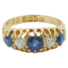 English Victorian Half-Moon Ring w/ Sapphires and Diamonds 18 Karat Yellow Gold