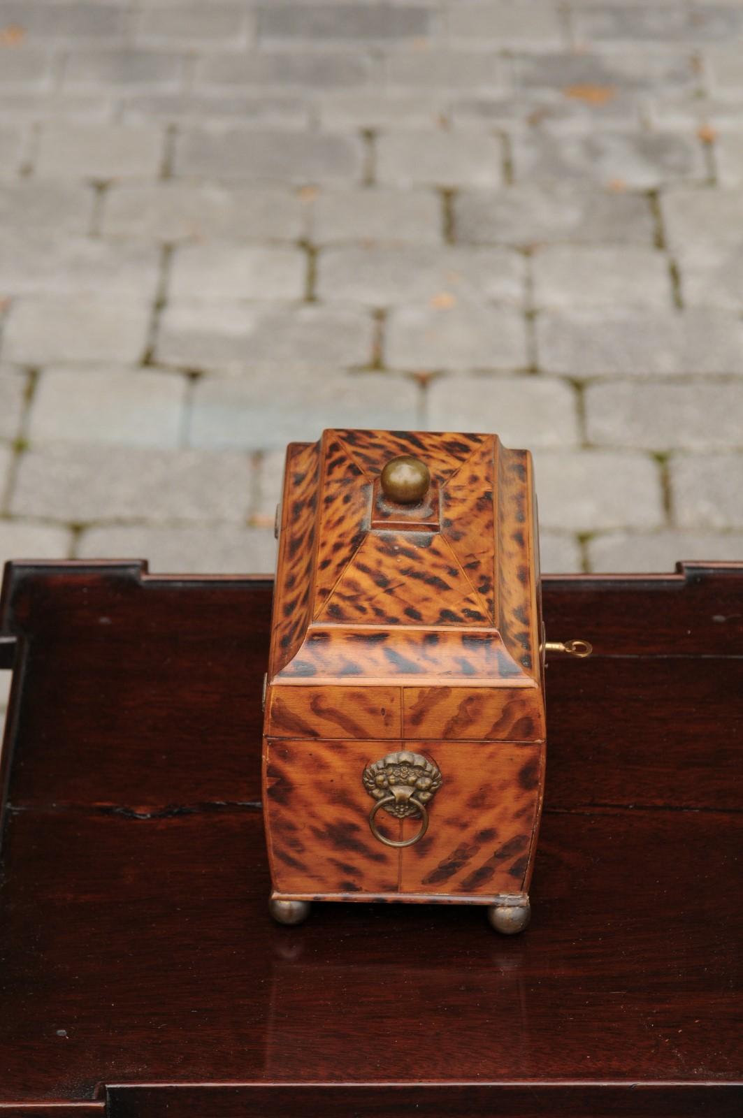 English Victorian 1870s Tea Caddy with Faux Painted Tortoise Finish and Brass For Sale 1