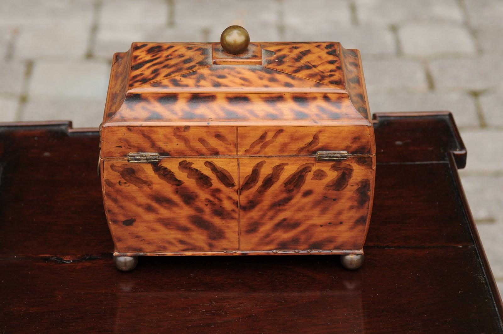 English Victorian 1870s Tea Caddy with Faux Painted Tortoise Finish and Brass For Sale 3