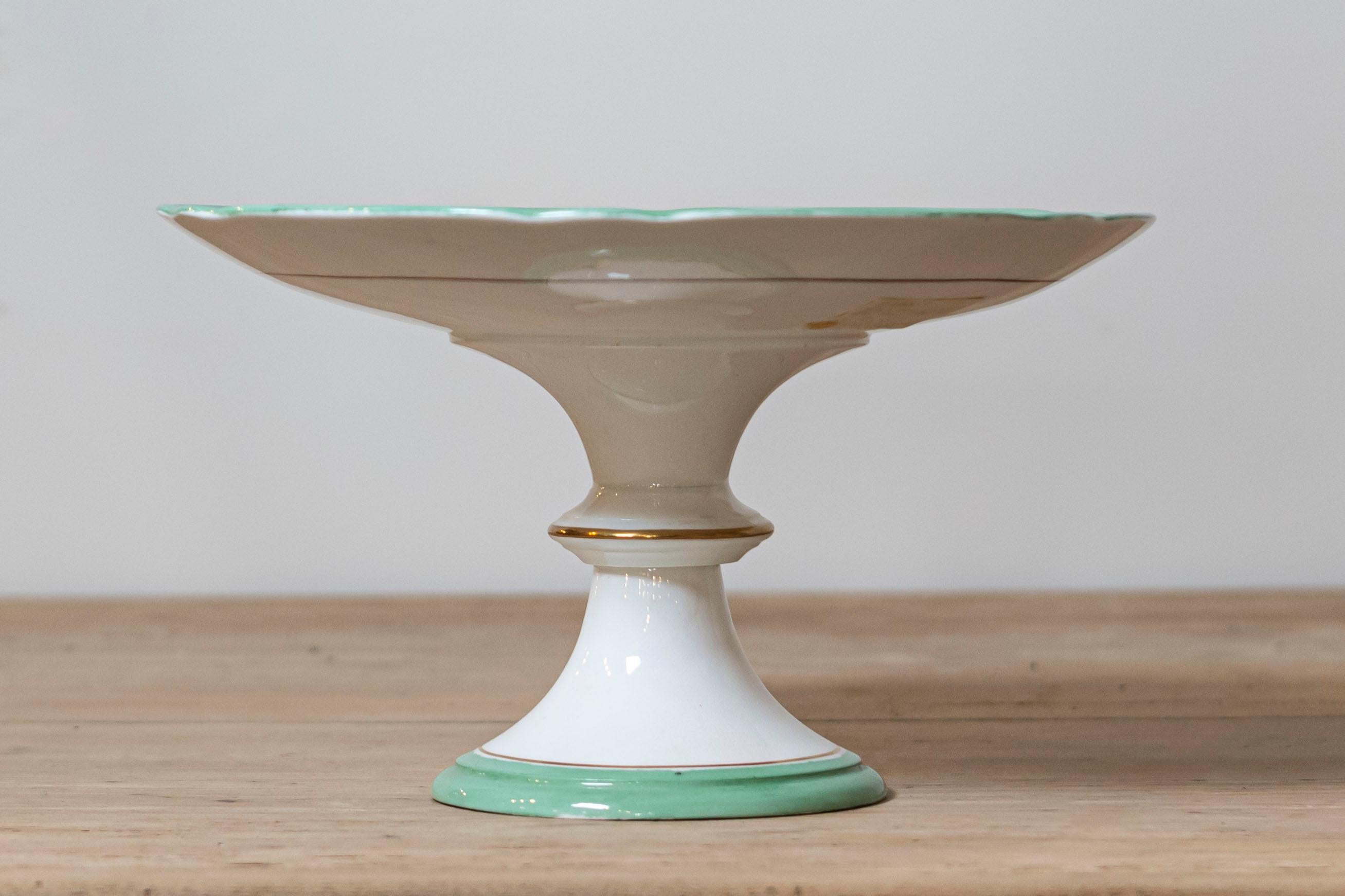 English Victorian 1880s Botanical Compote with Roses, Green and Gold Accents In Good Condition For Sale In Atlanta, GA