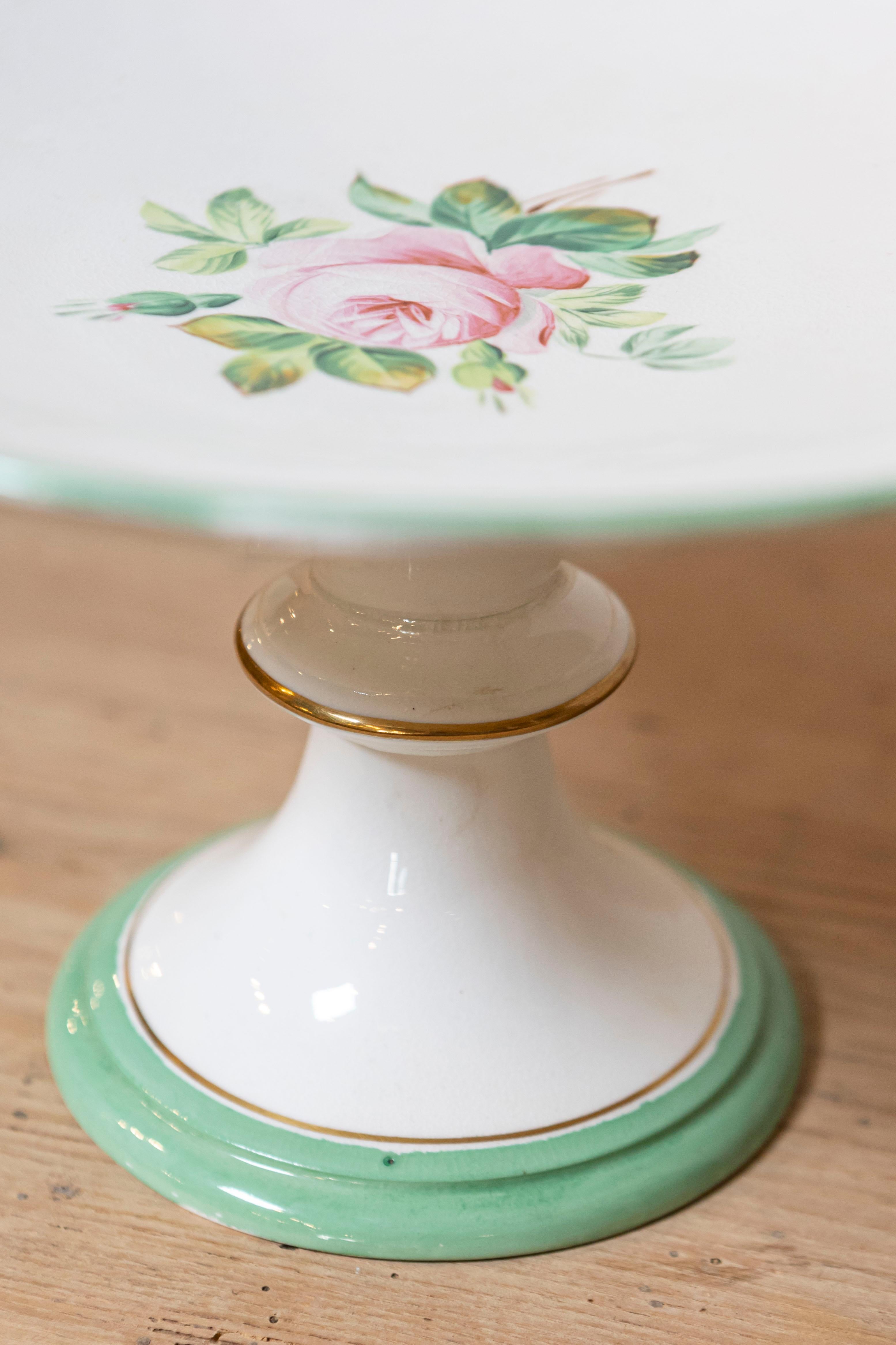 19th Century English Victorian 1880s Botanical Compote with Roses, Green and Gold Accents For Sale