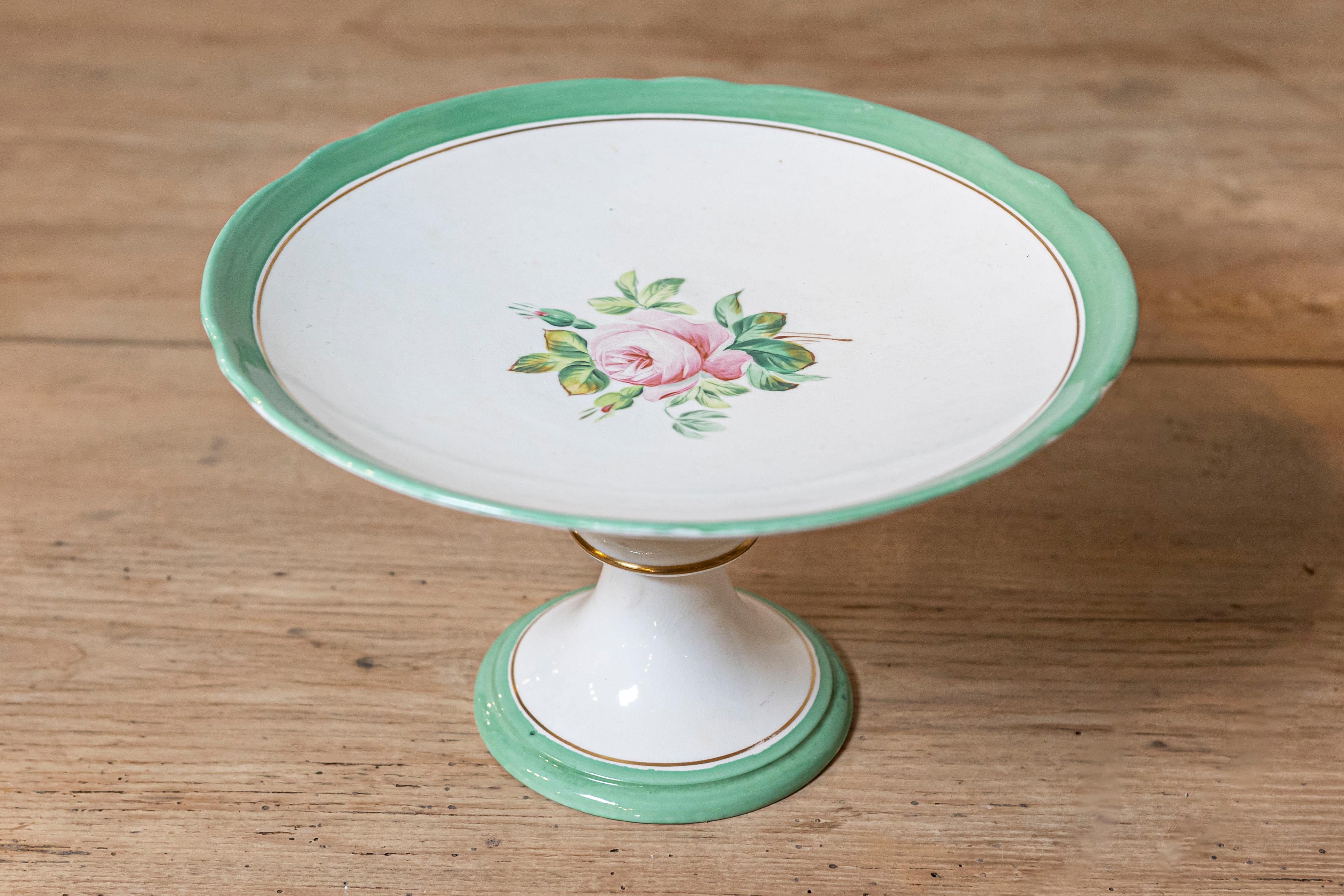 Faience English Victorian 1880s Botanical Compote with Roses, Green and Gold Accents For Sale