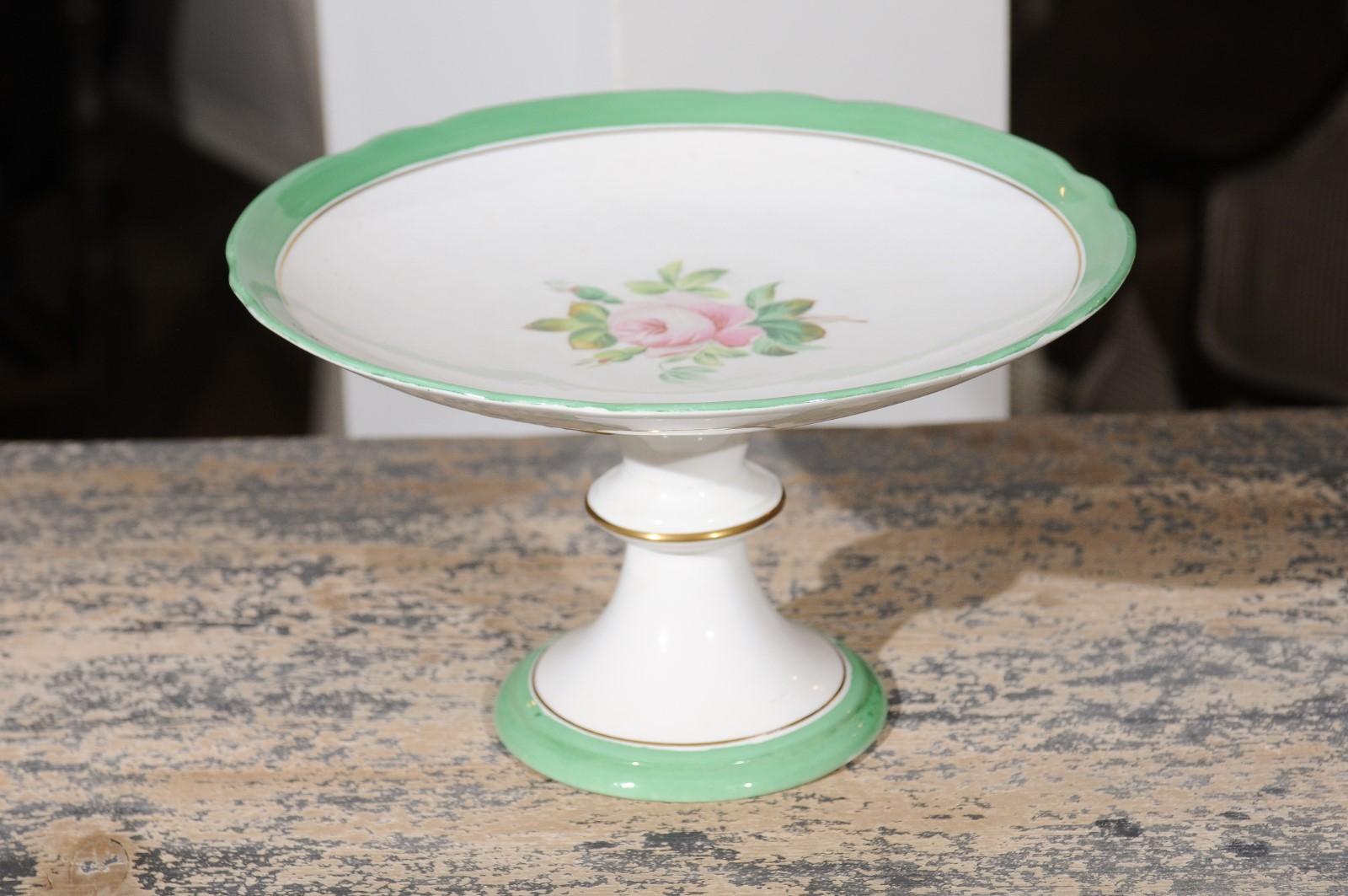 English Victorian 1880s Botanical Compote with Roses, Green and Gold Accents For Sale 2