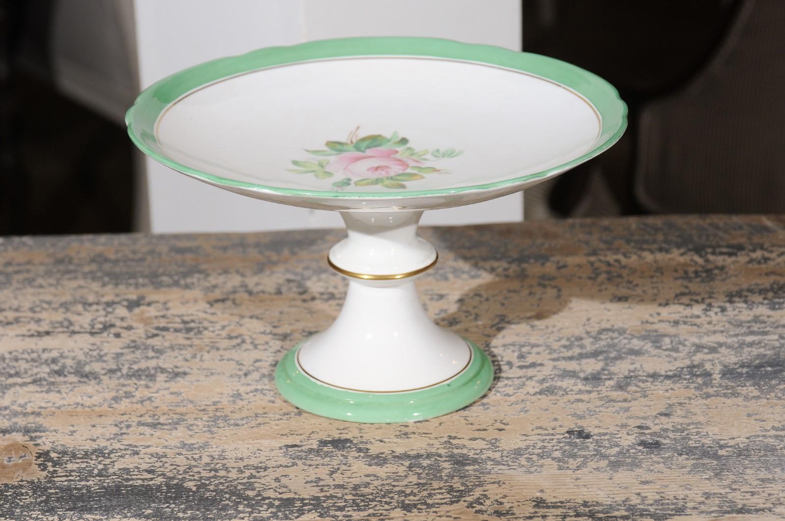 English Victorian 1880s Botanical Compote with Roses, Green and Gold Accents For Sale 3