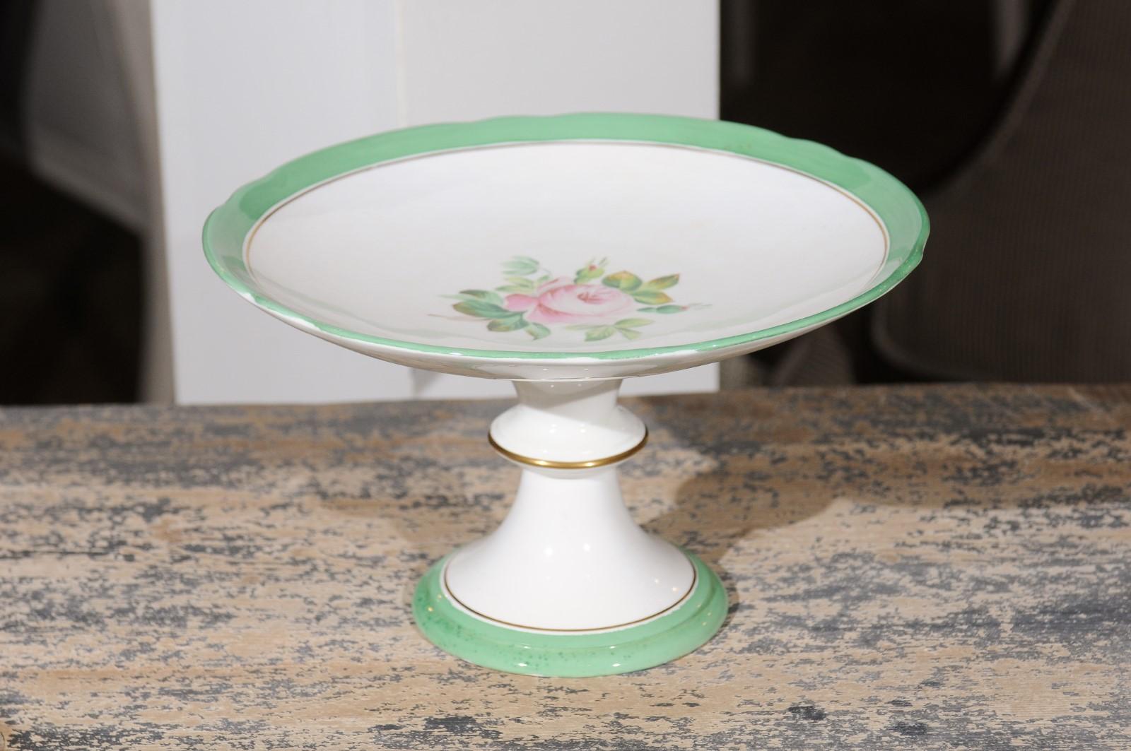 English Victorian 1880s Botanical Compote with Roses, Green and Gold Accents For Sale 4
