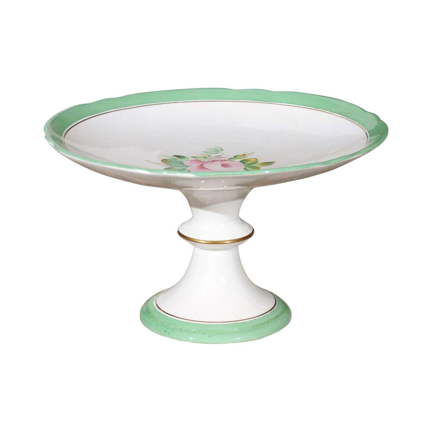 English Victorian 1880s Botanical Compote with Roses, Green and Gold ...