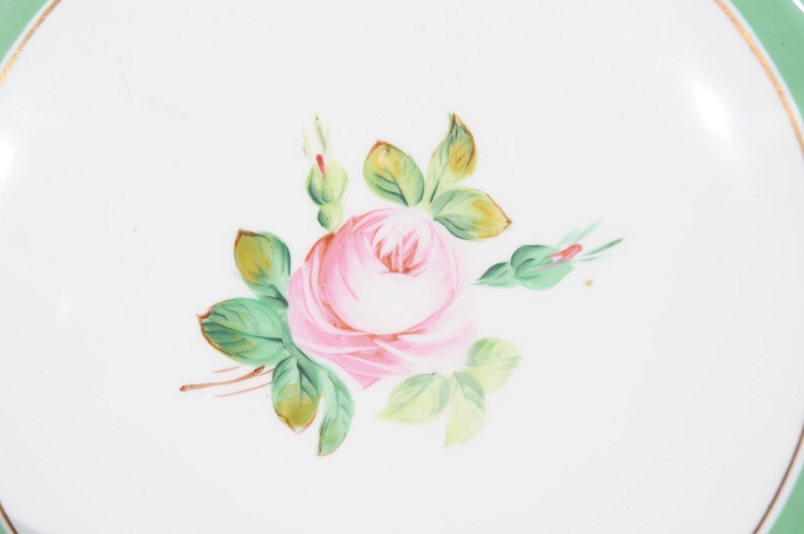 Englisches viktorianisches Blumenkompott aus den 1880er Jahren mit rosa Rosen:: grüner und goldener Verzierung im Angebot 5