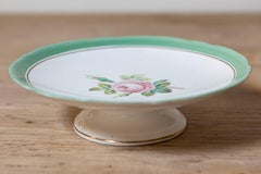 English Victorian 1880s Floral Compote with Pink Roses, Green and Gold Trim