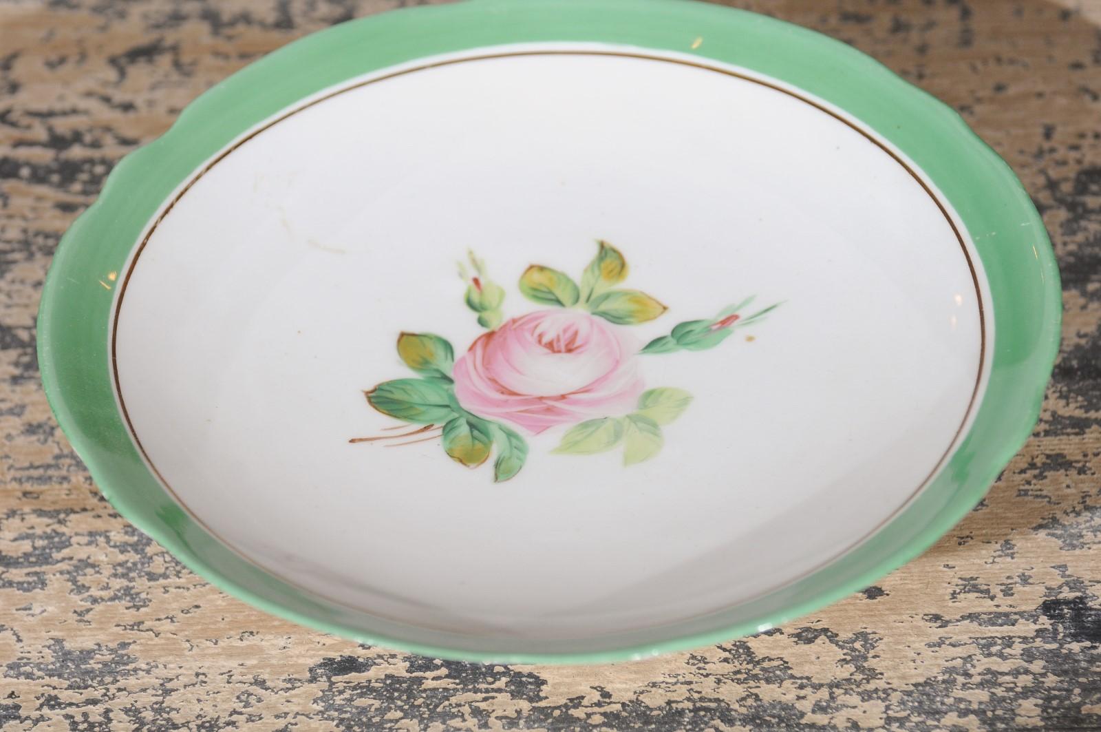 19th Century English Victorian 1880s Floral Compote with Pink Roses, Green and Gold Trim